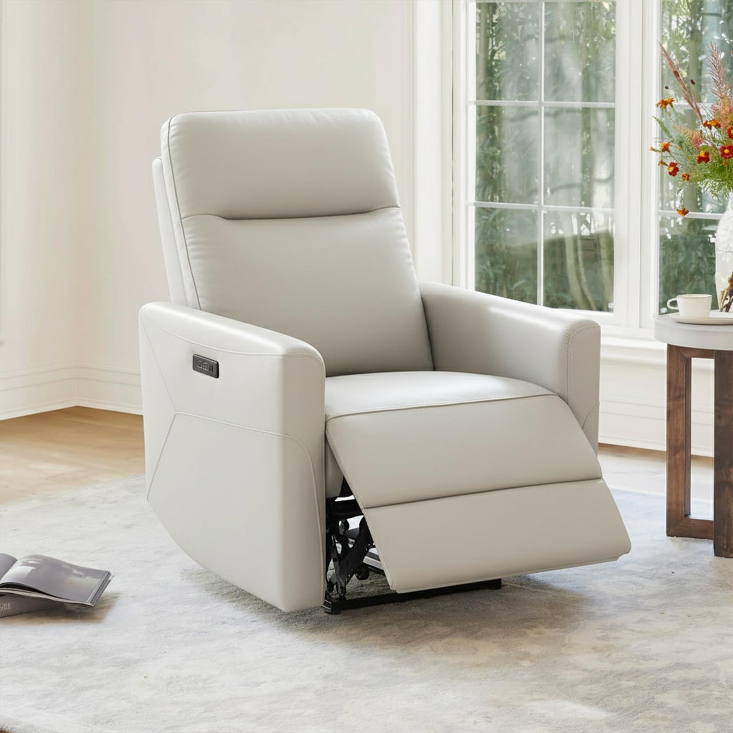 CHITA Genuine Leather Power Recliner Chair for Adults, Electric Wall Hugger Recliner for Small Spaces, Modern Living Room and RV Recliner Chair with Adjustable Power Headrest & Charging Ports, Brown