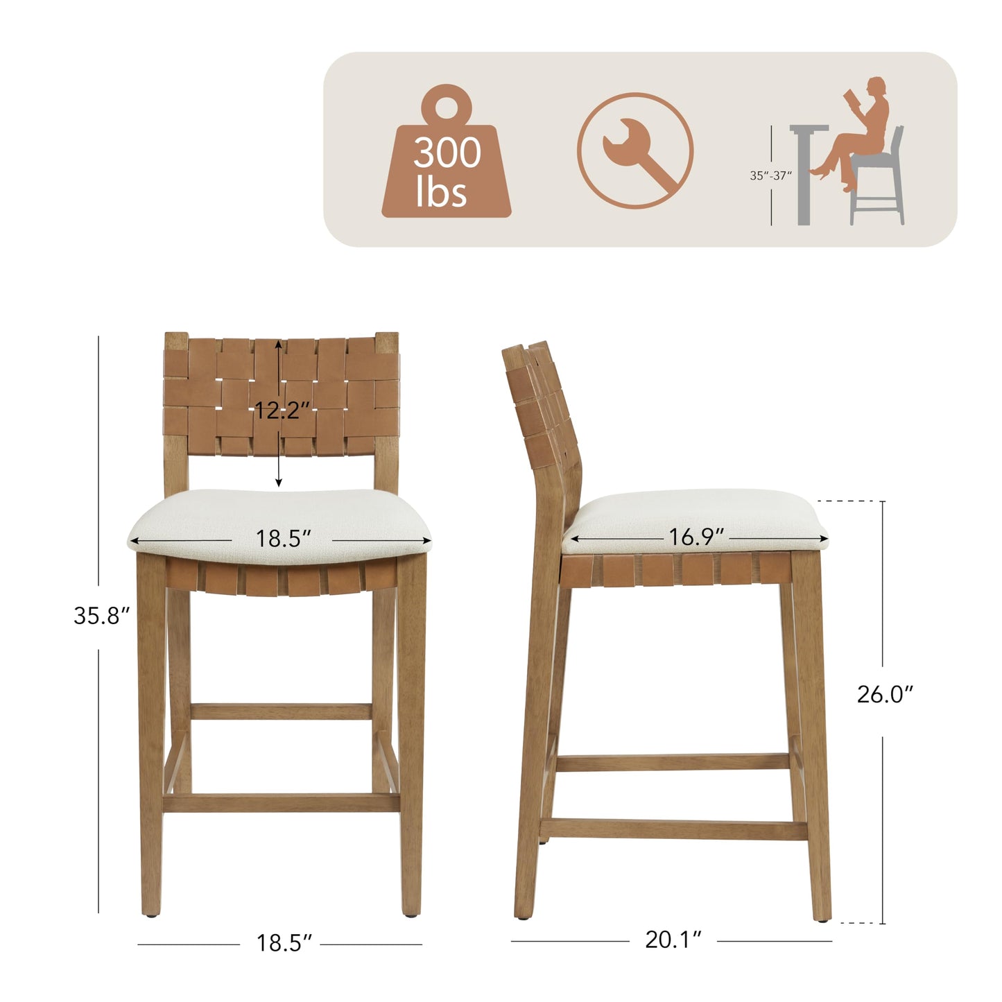CHITA Woven Bar Stools Set of 2, 26" Counter Height Bar Stools with Backrest, Handwoven Counter Stools with Wood Frame for Kitchen Island & Home Bar, Saddle Brown