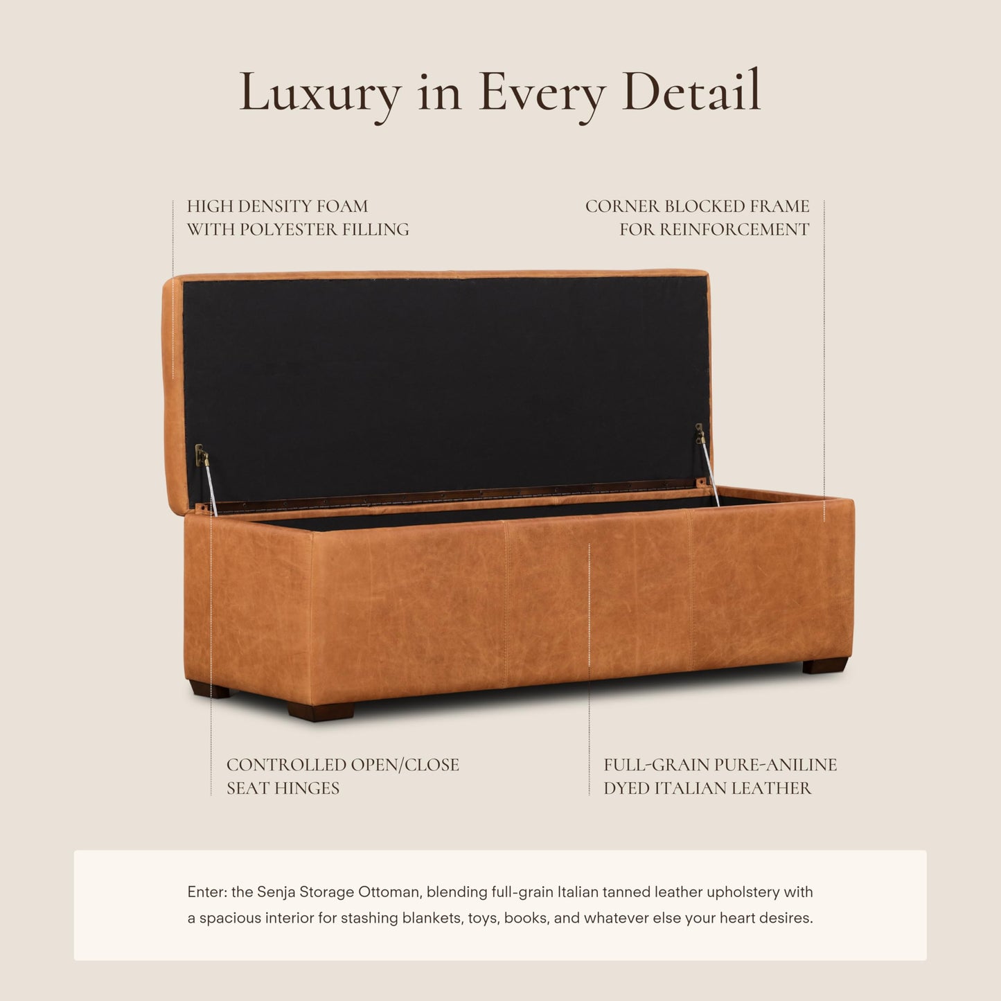 POLY & BARK Denver Ottoman – 43" Large Pouf with Feather-Down Topper – Full-Grain Leather Upholstered Pouf Ottoman for Living Room – Vintage Italian Leather in Cognac Tan