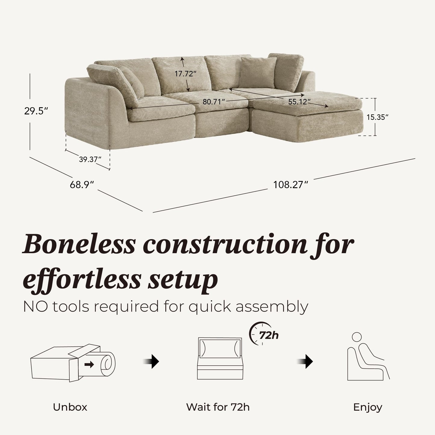 CHITA 108" Modular Sectional Couches, Boneless L-Shape Sofa with Ottoman, 3 Seater Cloud Sectional Sofa for Living Room,Khaki Gray