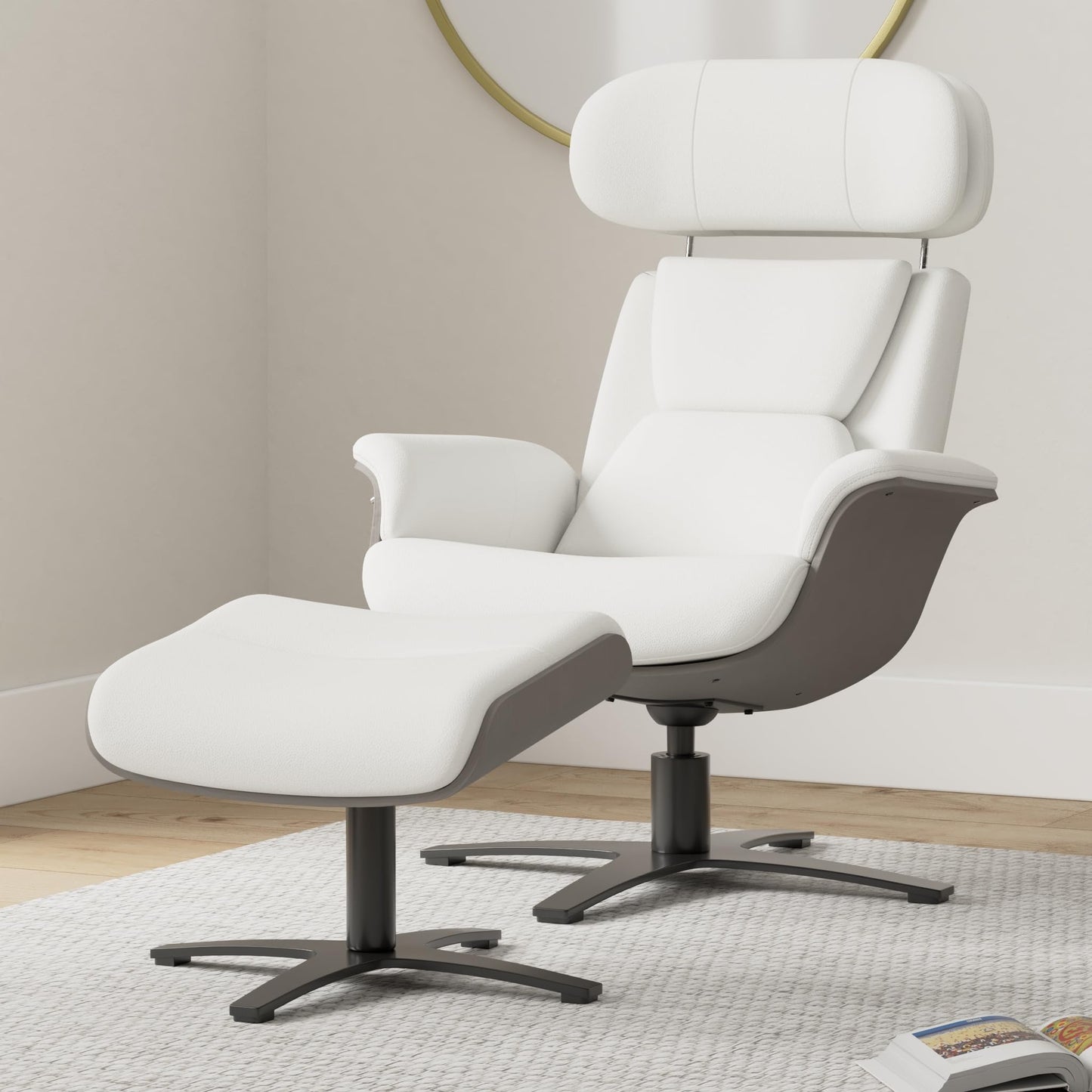 CHITA Genuine Leather Reclining Swivel Chair with Adjustable Headrest and Ottoman for Living Room, Office, Saddle