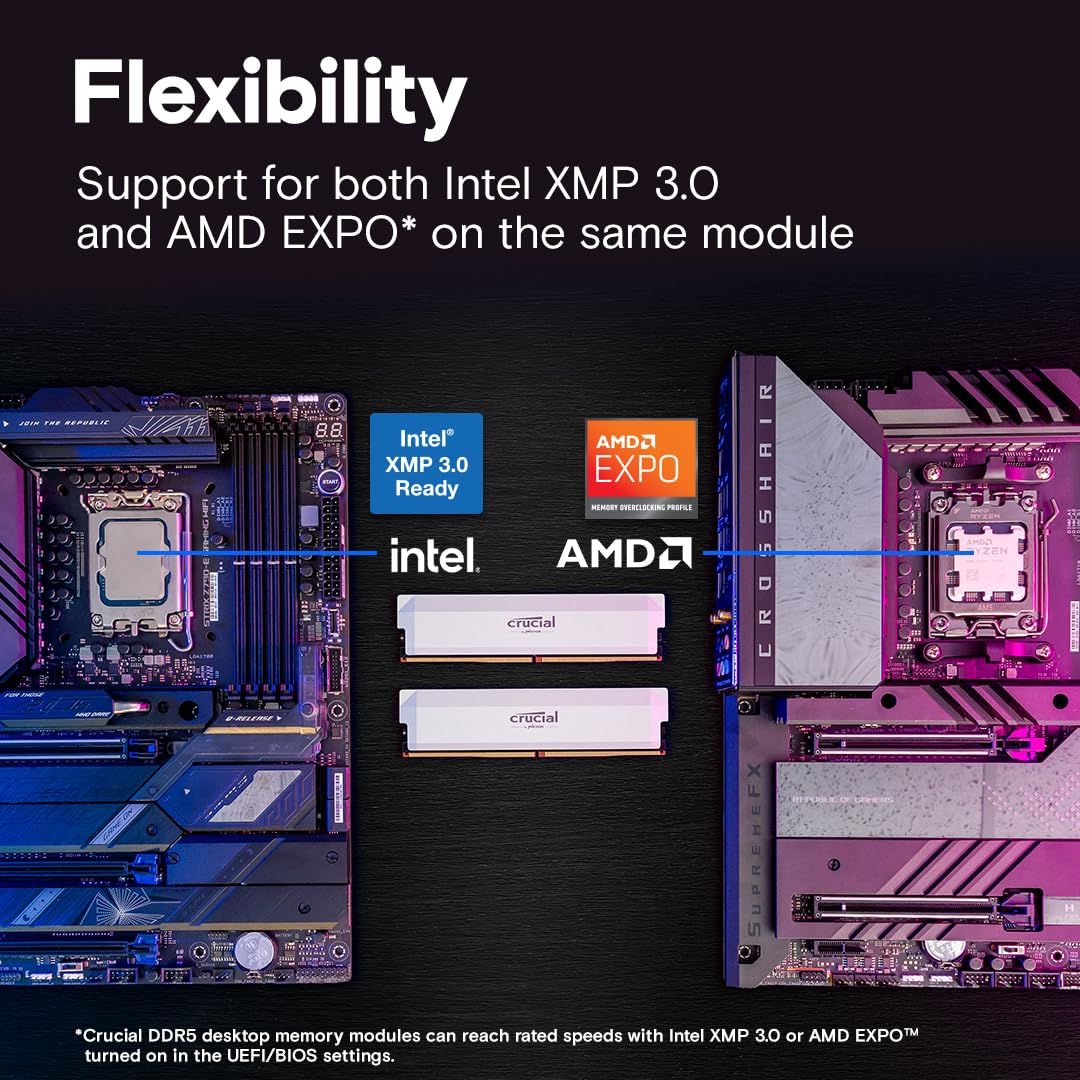 Crucial Pro DDR5 RAM 64GB Kit (2x32GB) 6000MHz CL40, Overclocking Desktop Gaming Memory, Intel XMP 3.0 & AMD Expo Compatible – Black CP2K32G60C40U5B