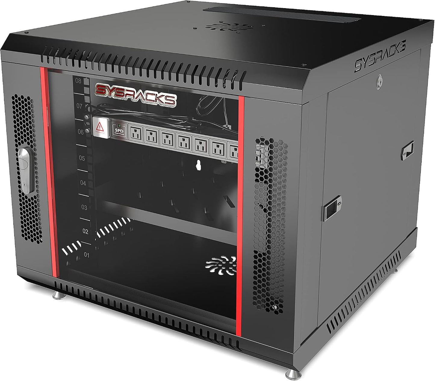 Sysracks 9U Wall Mount Server Rack, 24" Deep, Glass Door, 19-Inch | Fan, PDU, shelf, brush cable entries, removable panels, lockable design