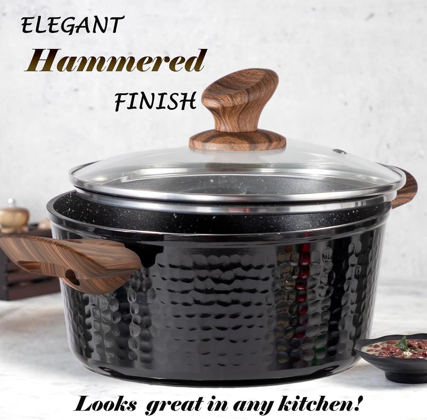 Kitchen Academy Pots and Pans Set Non Stick - 15 Pcs Black Induction Kitchen Cookware Sets, Healthy Non-toxic Hammered Cooking Pans Set