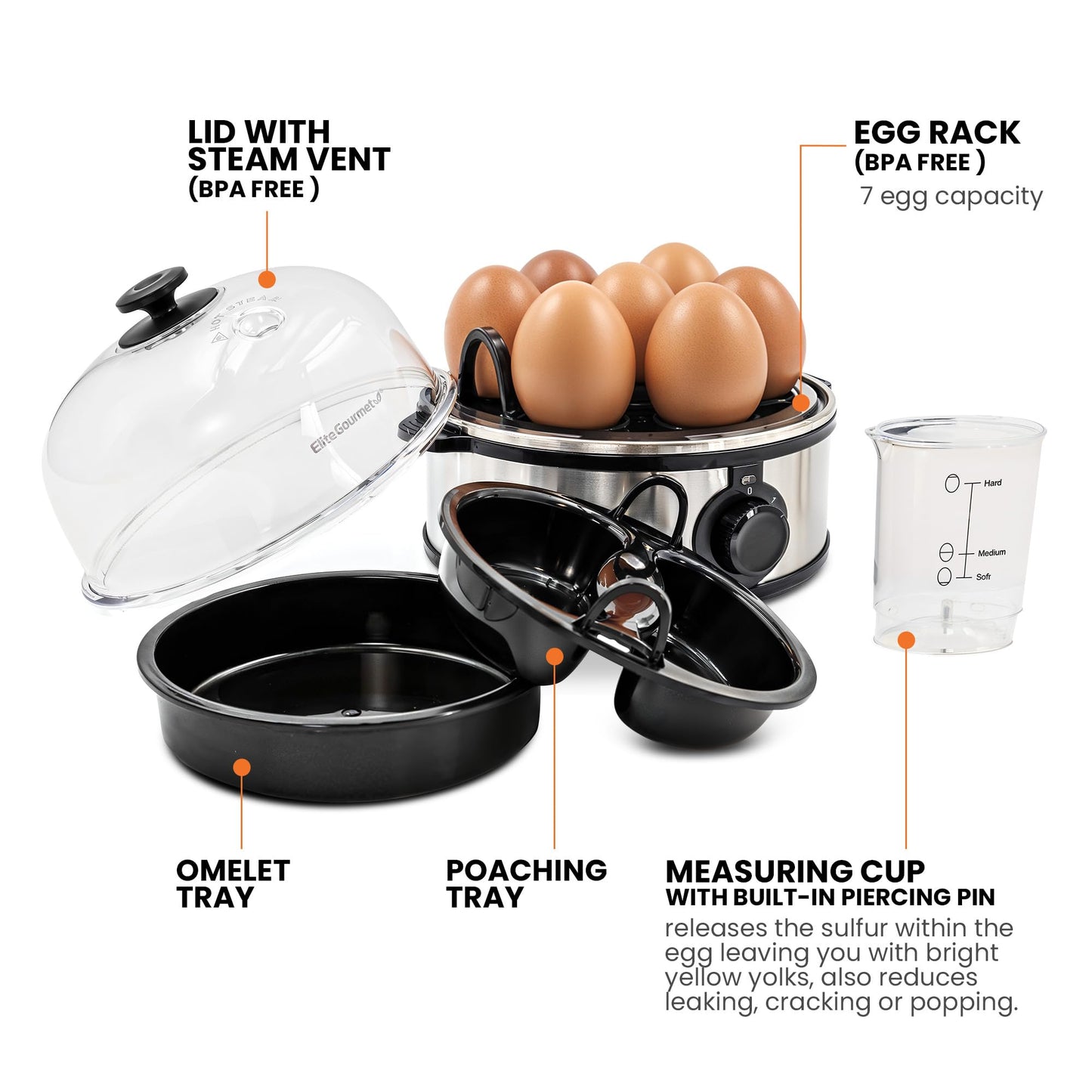 Elite Gourmet EGC115B Easy Egg Cooker Electric 7-Egg Capacity, Soft, Medium, Hard-Boiled Egg Cooker with Auto Shut-Off, Measuring Cup Included, BPA Free, Classic Black