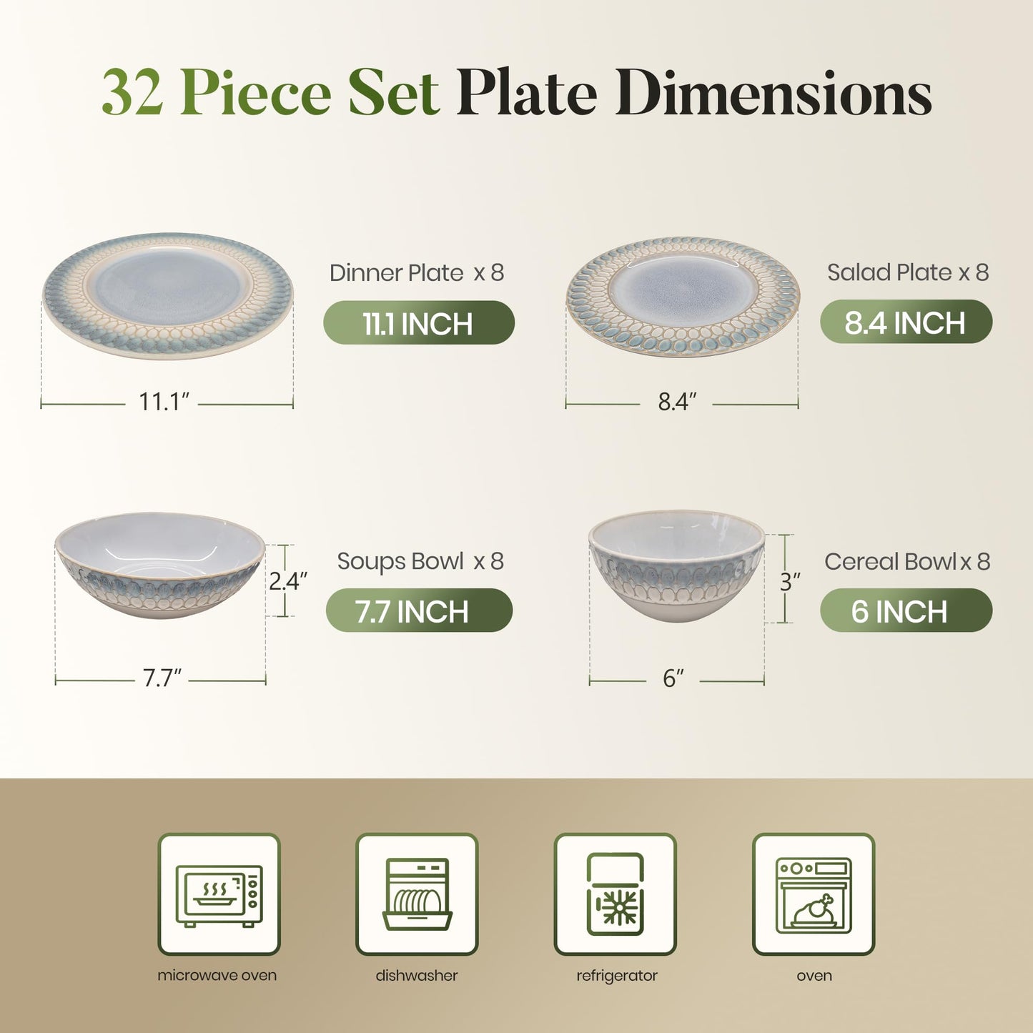 Kitchen Academy Stoneware Dinnerware Sets for 8, Embossed Ceramic Plates and Bowls Set, Beige Dishes