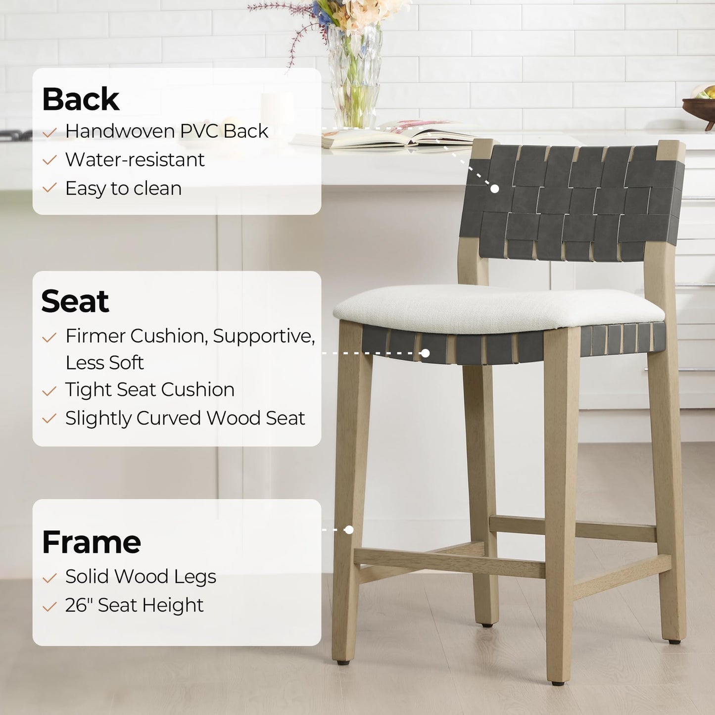 CHITA Woven Bar Stools Set of 2, 26" Counter Height Bar Stools with Backrest, Handwoven Counter Stools with Wood Frame for Kitchen Island & Home Bar, Saddle Brown
