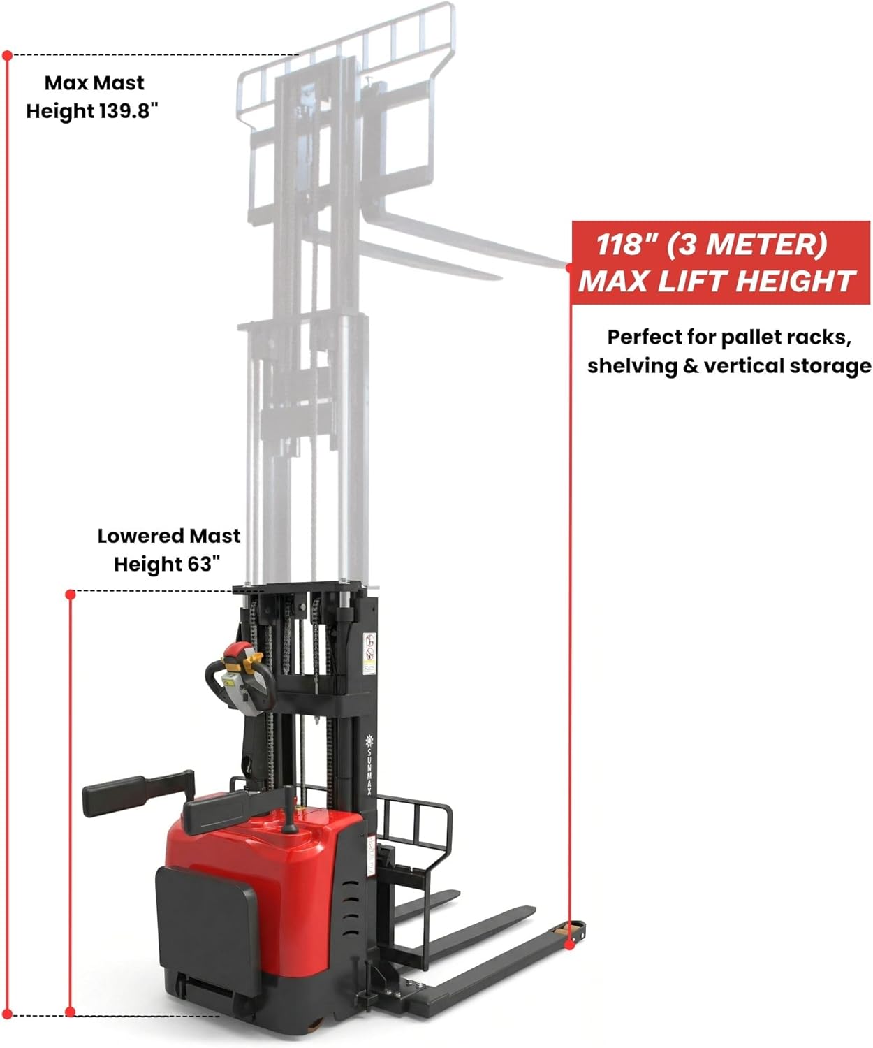 SUNMAX PS3300FEAS-3M Fully Electric Pallet Stacker, 3300 lb Capacity, 118" Lift Height, Walk-Behind Warehouse Stacker with Adjustable Straddle Legs