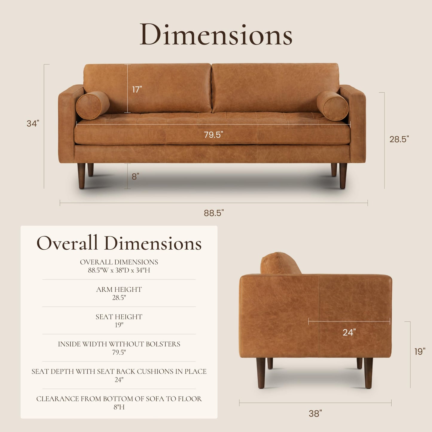 POLY & BARK Napa 82" Leather Pull‑Out Sleeper Sofa – Full‑Grain Italian Leather Upholstery,Tri‑Layer Mattress & Storage Console –Sophisticated Multi‑Functional Sofa Bed for Living Rooms & Guest Spaces