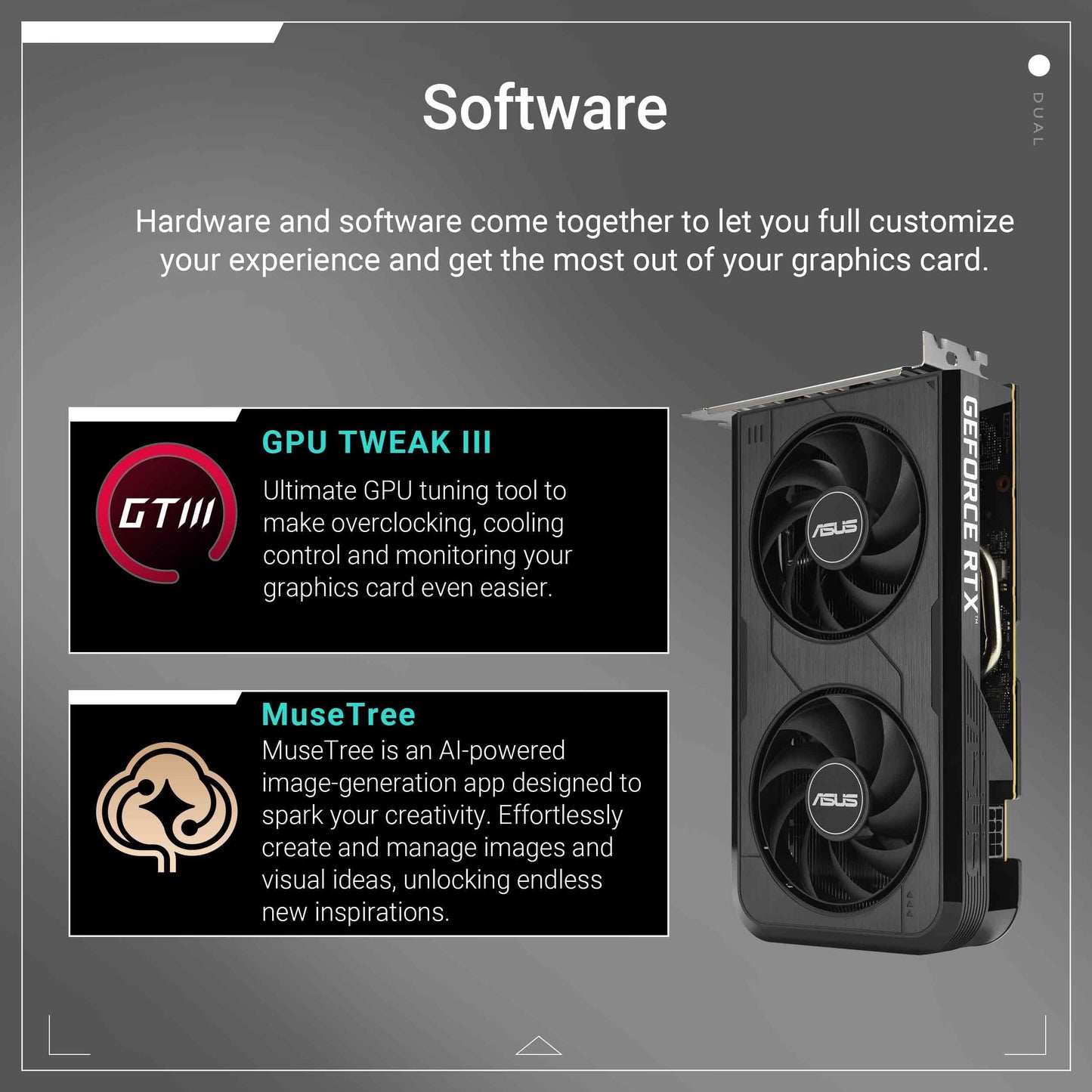 ASUS Dual NVIDIA GeForce RTX™ 5050 8GB GDDR6 (PCIe 5.0, 8GB GDDR6, DLSS 4, HDMI 2.1b, DisplayPort 2.1b, 2-Slot, Axial-tech Fan Design, 0dB Technology, Dual BIOS), 3 Year Warranty