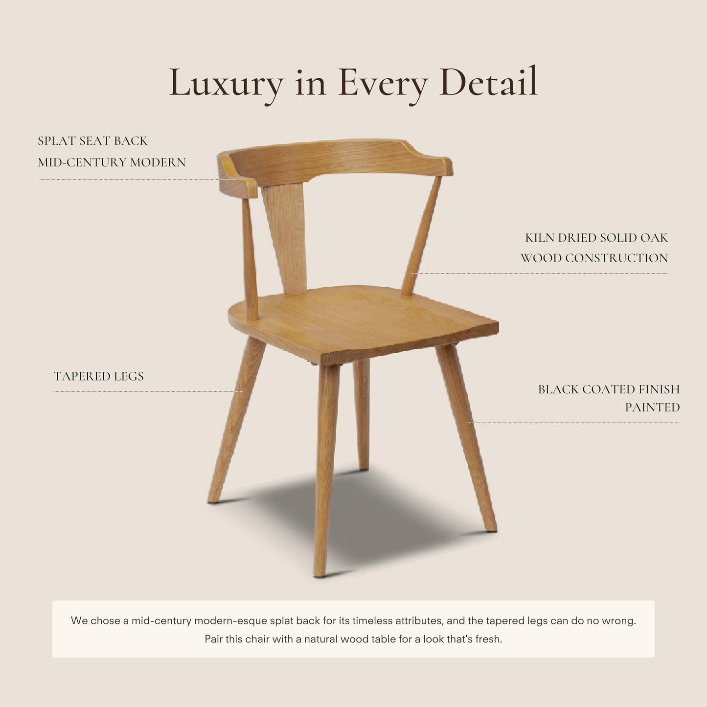 POLY & BARK Mid Century Modern Enzo Black Dining Chair – Solid Oak Wood Splat Back Chair, 18" Seat Height, 32" Tall – Stylish MCM Kitchen & Dining Room Chair