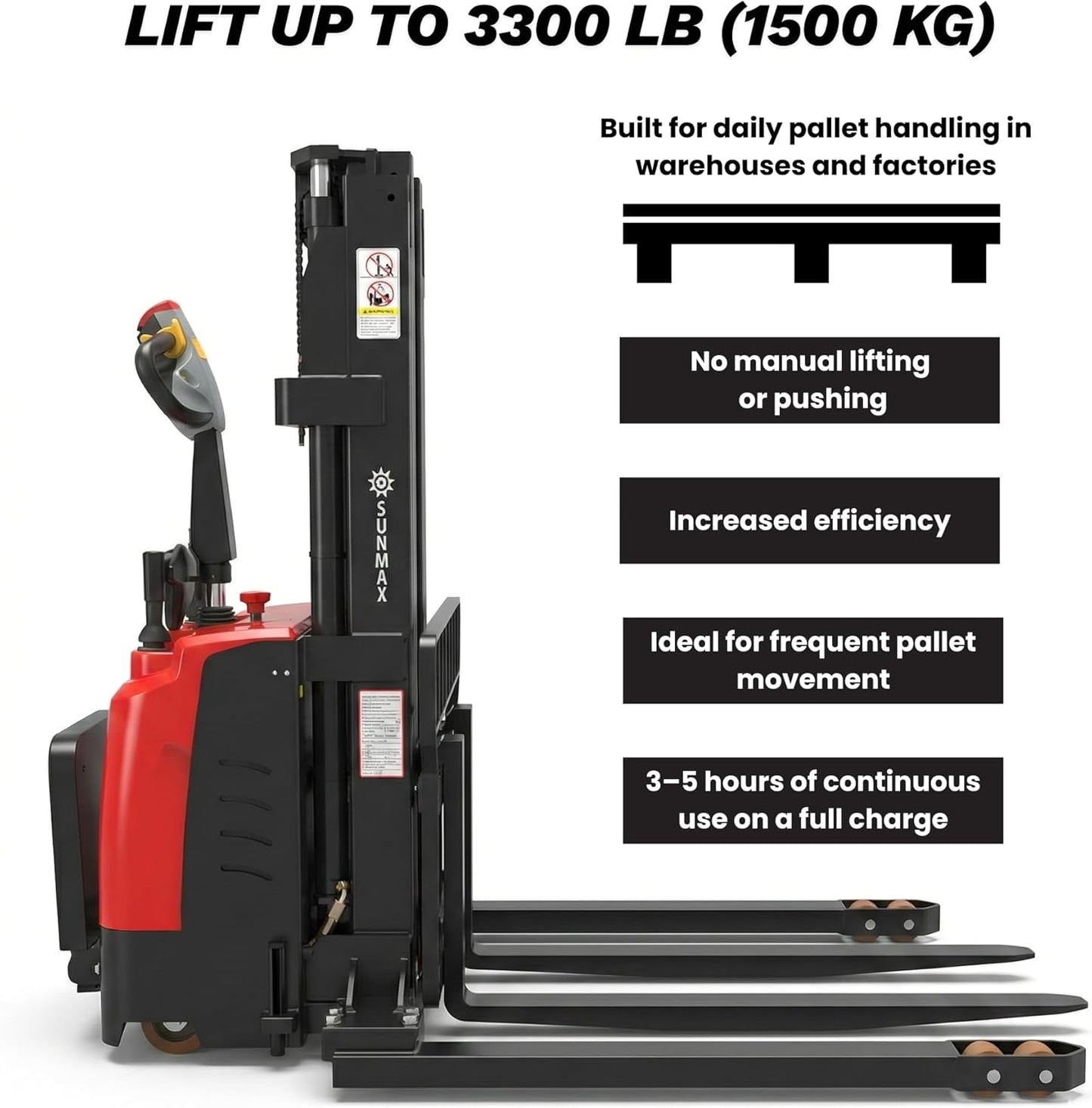 SUNMAX PS3300FEAS-3M Fully Electric Pallet Stacker, 3300 lb Capacity, 118" Lift Height, Walk-Behind Warehouse Stacker with Adjustable Straddle Legs