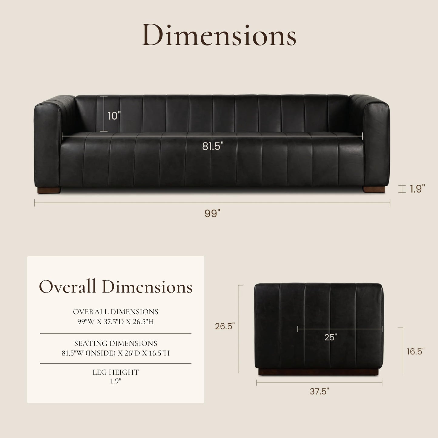 POLY & BARK Capa 96.5" Sofa – Chocolate Brown Full-Grain Pure-Aniline Italian Leather, Boxy Modern Design, Feather-Fiber Cushions, Solid Wood Frame
