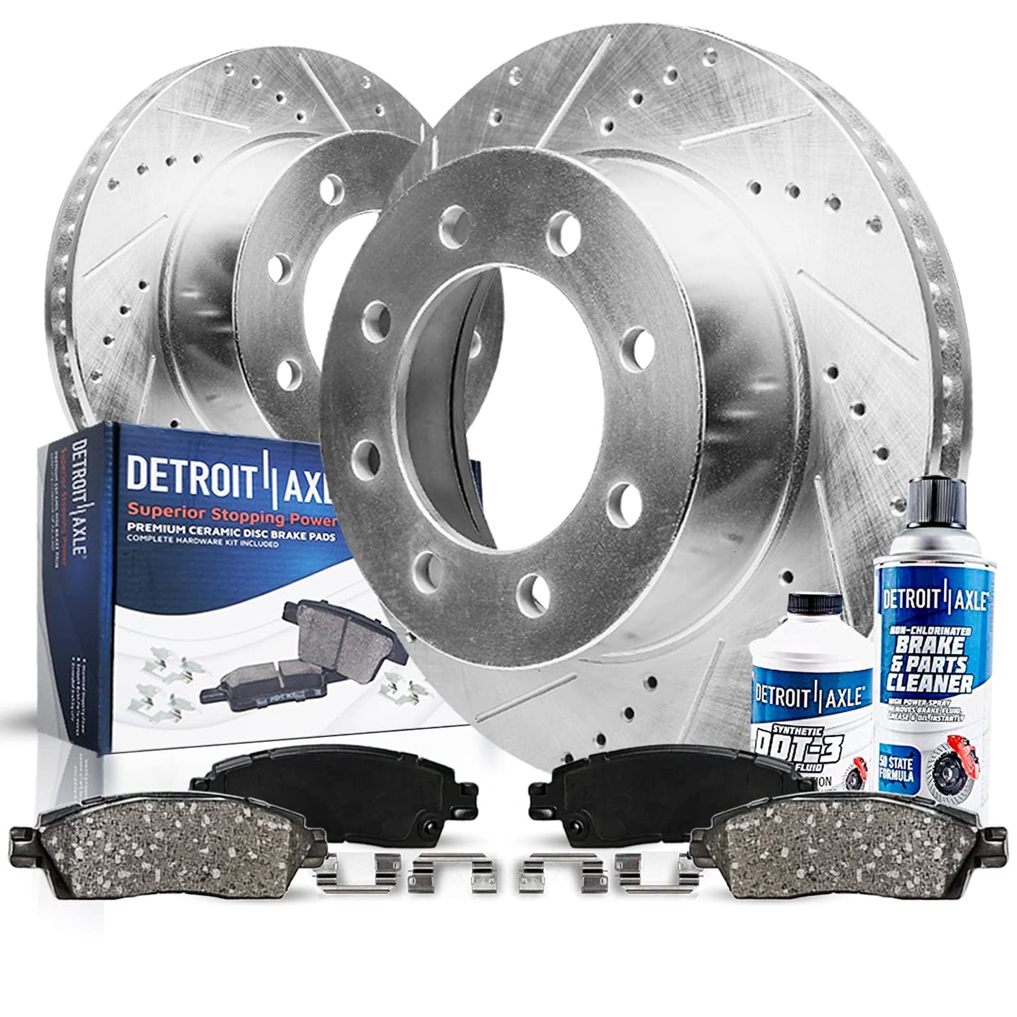 Detroit Axle - Front Brake Kit for Chevy GMC Silverado Suburban Sierra Savana Express 1500 Tahoe Yukon XL Cadillac Escalade ESV EXT Drilled Slotted Disc Brake Rotors Ceramic Brakes Pads Replacement