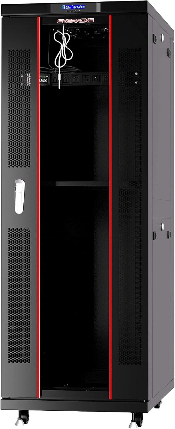 Sysracks 32U Server Rack Cabinet, 32" Deep, Glass Door, 19-Inch | 4-fan thermostat cooling, PDU, shelf, casters, cable brushes, 1600 lb capacity