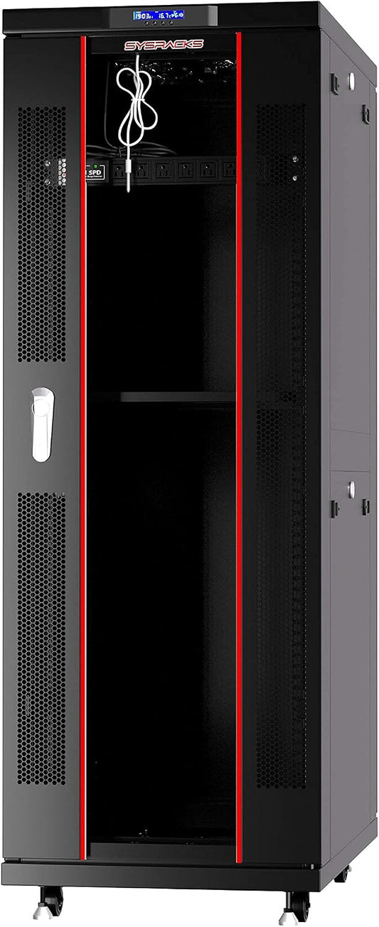 Sysracks 32U Server Rack Cabinet, 32" Deep, Glass Door, 19-Inch | 4-fan thermostat cooling, PDU, shelf, casters, cable brushes, 1600 lb capacity