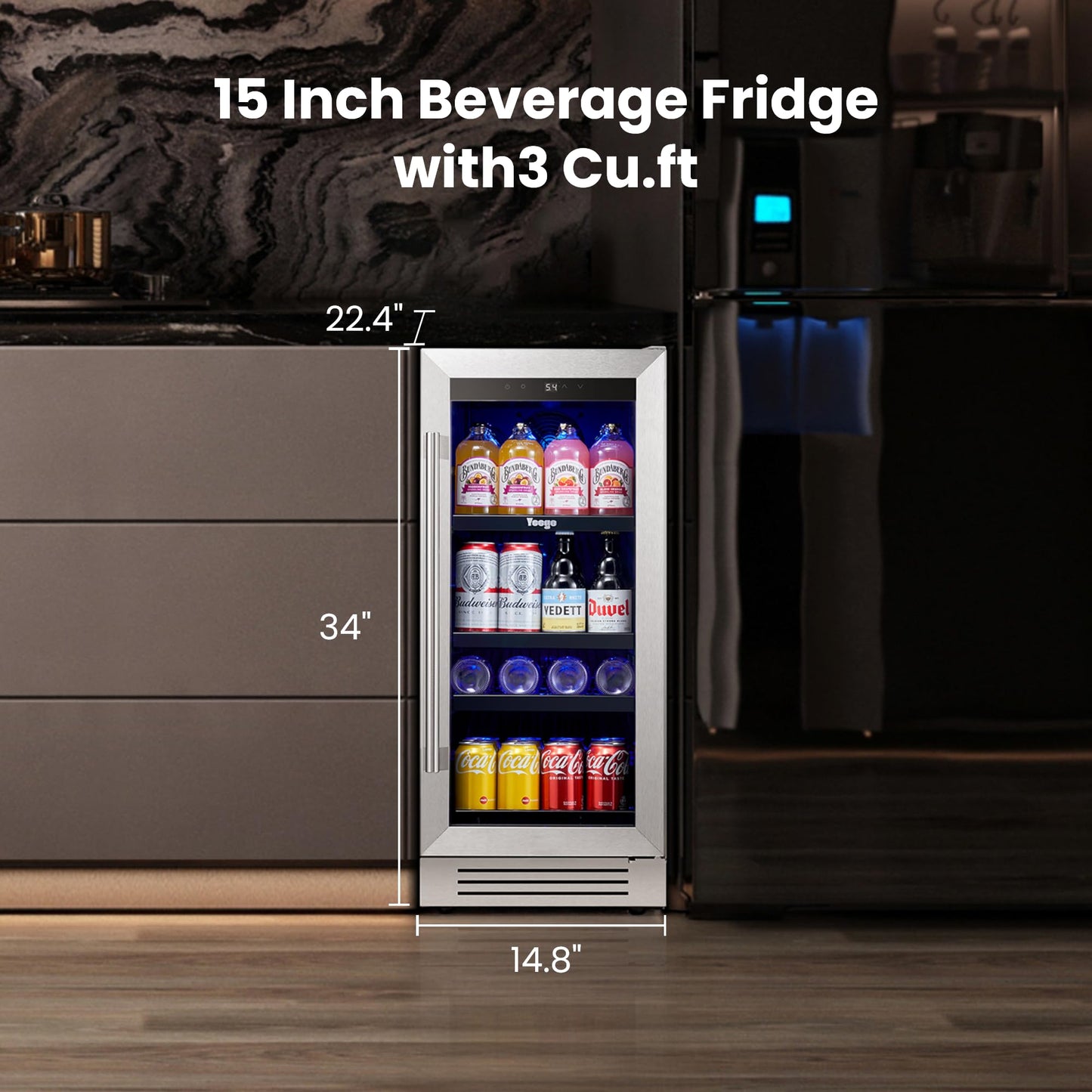 Yeego 24-Inch Beverage Refrigerator, Built-In or Freestanding Beverage Cooler, Up to 180 Cans, Glass Door Mini Fridge for Soda, Beer, Water & Wine (Left-Hinged)