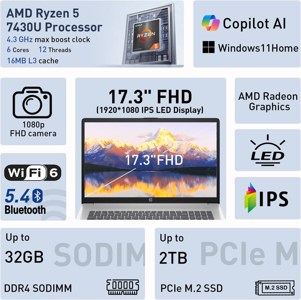 HP 17.3” FHD IPS LED Anti-Glare 300 nits Laptop, AMD Ryzen 5 7430U 6-core CPU, 16GB RAM, 1TB Storage, Webcam w/Shutter, Microsoft Copilot Key, Wi-Fi 6, BT 5.4, Win11H, w/Laptop Cooler, 17-cp3000