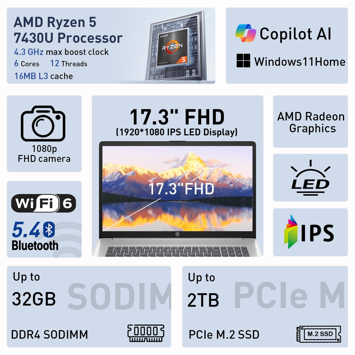 HP 17.3” FHD IPS LED Anti-Glare 300 nits Laptop, AMD Ryzen 5 7430U 6-core CPU, 16GB RAM, 1TB Storage, Webcam w/Shutter, Microsoft Copilot Key, Wi-Fi 6, BT 5.4, Win11H, w/Laptop Cooler, 17-cp3000