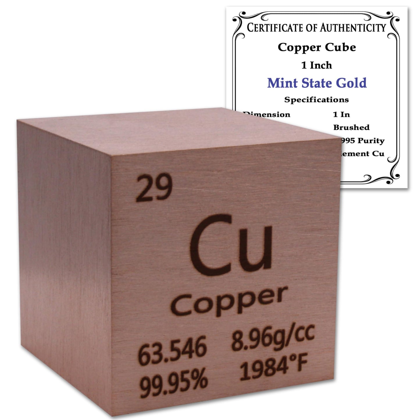 99.95% Pure 1" Inch Copper Cube - Element Design with Certificate of Authenticity