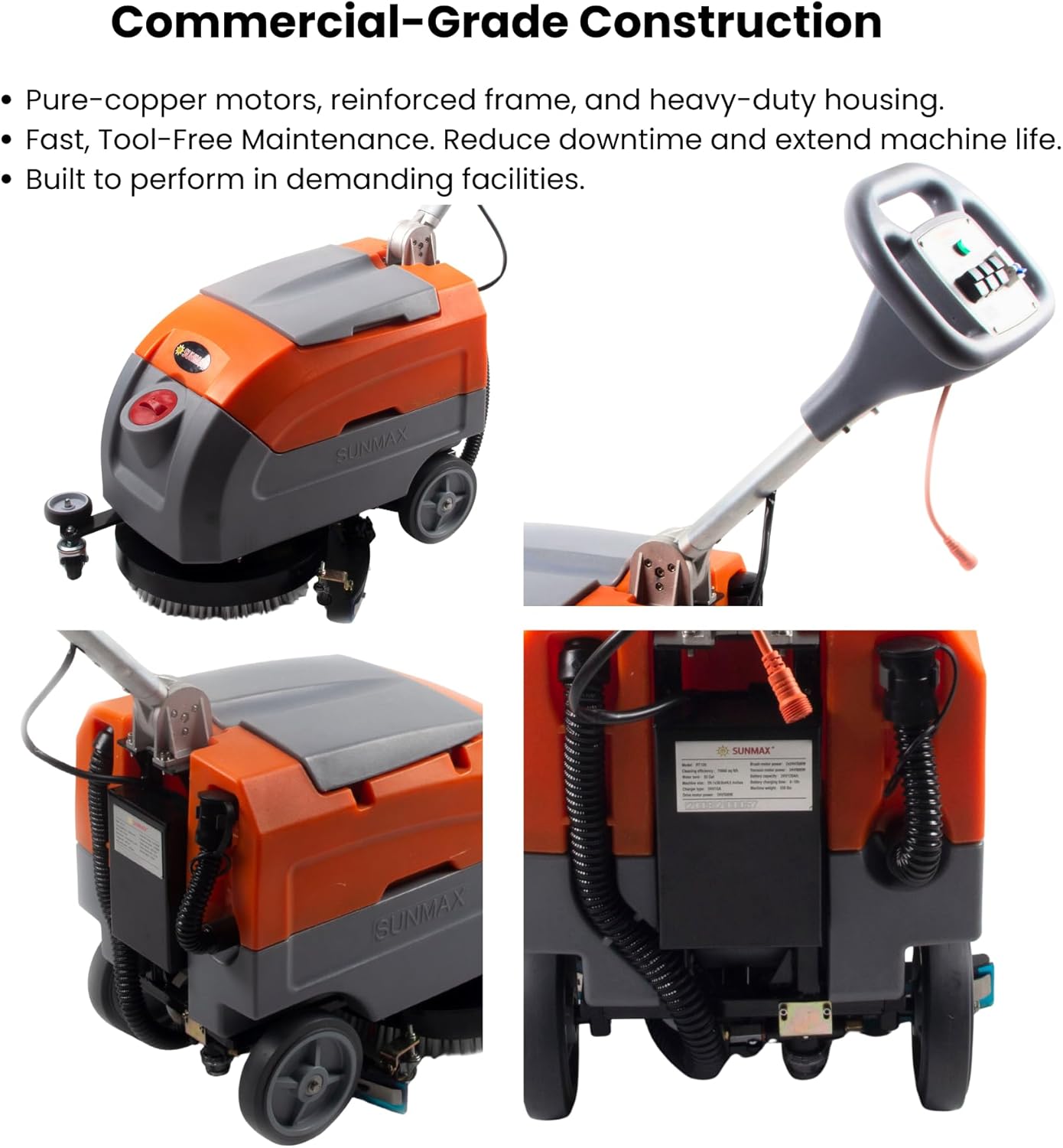 Sunmax RT35AC 17" Electric Walk-Behind Floor Scrubber, 7.9/9.2-Gal Dual Tank System, Orange/Gray, 26ft 110V Corded Commercial Floor Cleaning Machine