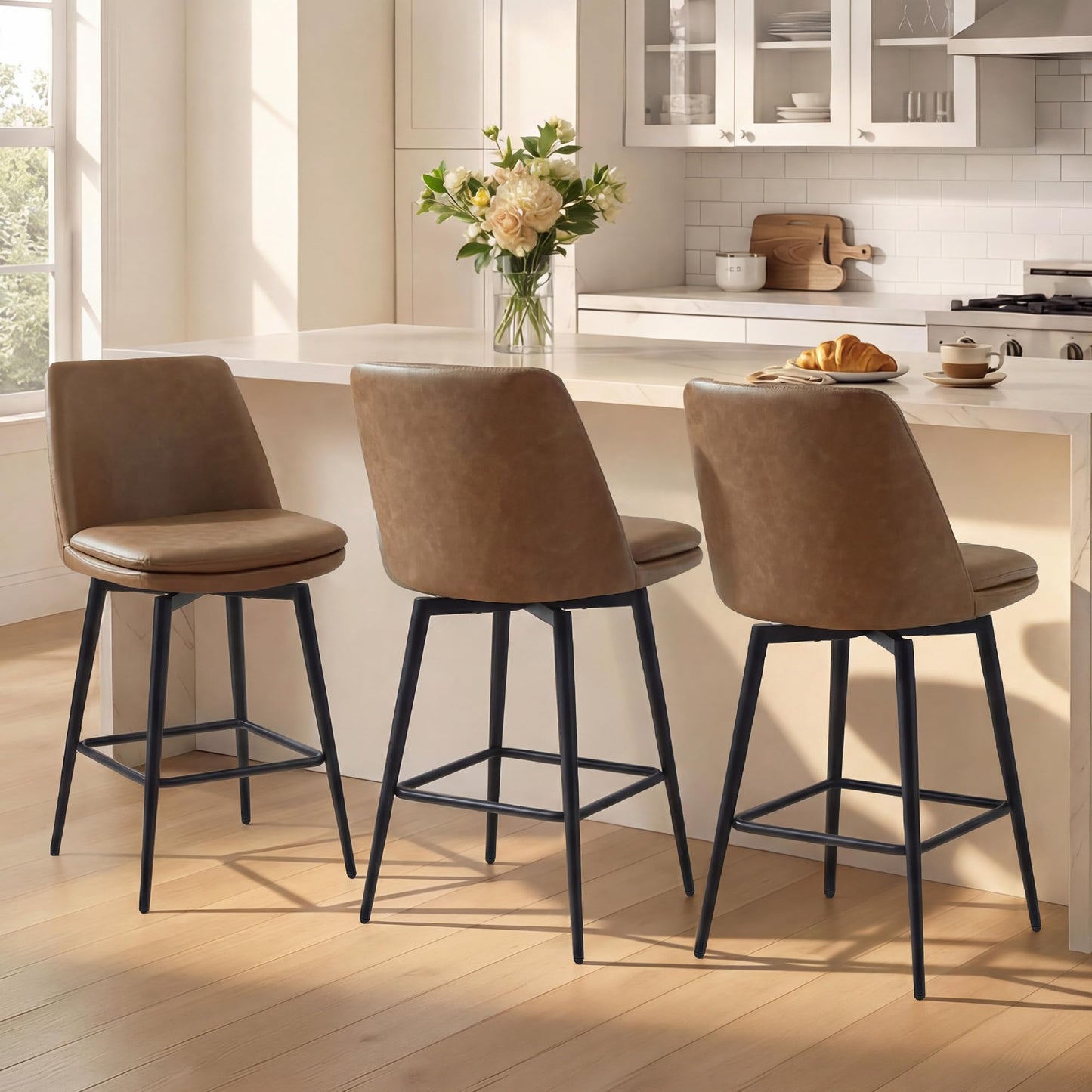 CHITA Swivel Bar Stools, 27.2" Counter Height Bar Stools Set of 3, FSC Certified Upholstered Modern Counter Stools, Metal Legs, Faux Leather, Saddle Brown