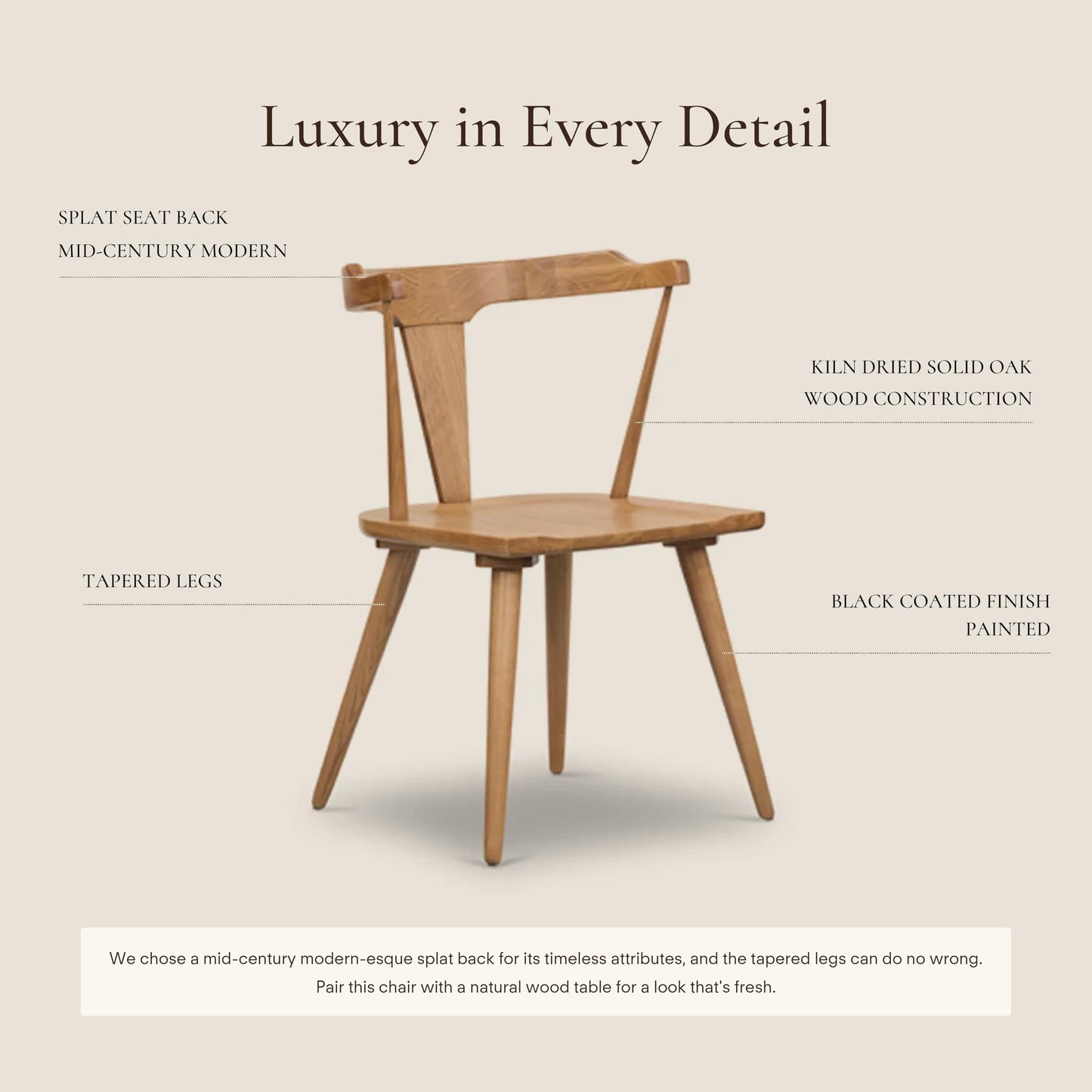 POLY & BARK Mid Century Modern Enzo Black Dining Chair – Solid Oak Wood Splat Back Chair, 18" Seat Height, 32" Tall – Stylish MCM Kitchen & Dining Room Chair