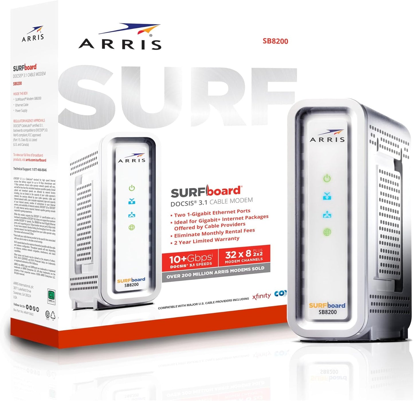 ARRIS (SB8200-RB) - Cable Modem - Fast DOCSIS 3.1 32x8 Gigabit Cable Modem , Approved for Comcast Xfinity, Cox, Charter Spectrum, & more | 1 Gbps Max Internet Speed, 4 OFDM Channels - Renewed