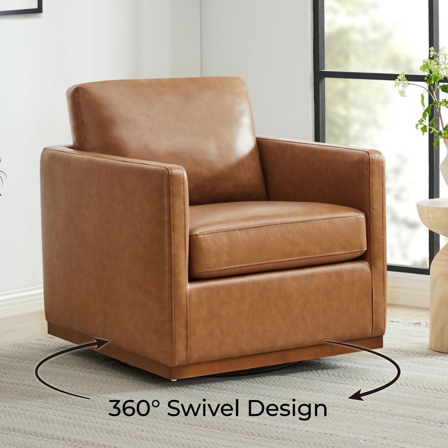 CHITA Genuine Leather Swivel Accent Chair, FSC Certified Mid Century Modern Arm Chair for Living Room and Bedroom, Fully Assembled, Saddle