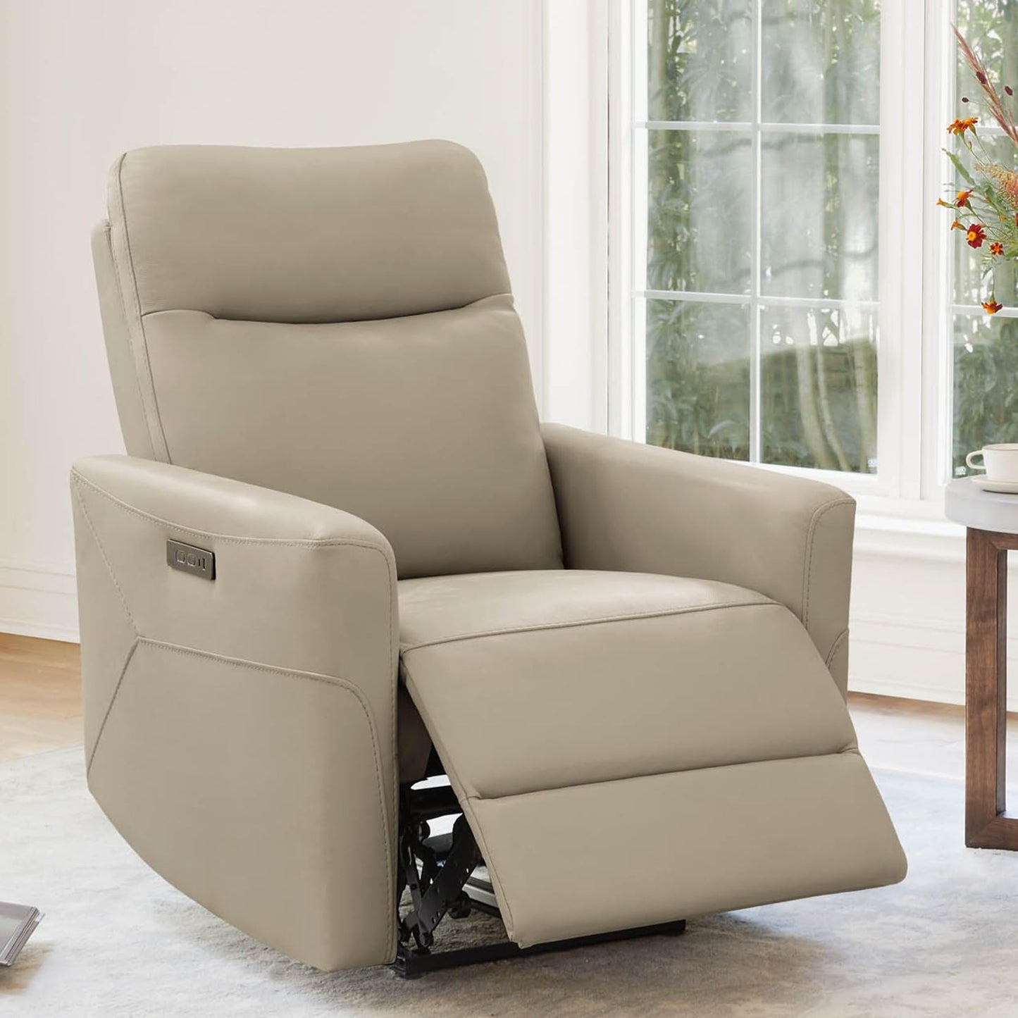 CHITA Genuine Leather Power Recliner Chair for Adults, Electric Wall Hugger Recliner for Small Spaces, Modern Living Room and RV Recliner Chair with Adjustable Power Headrest & Charging Ports, Brown