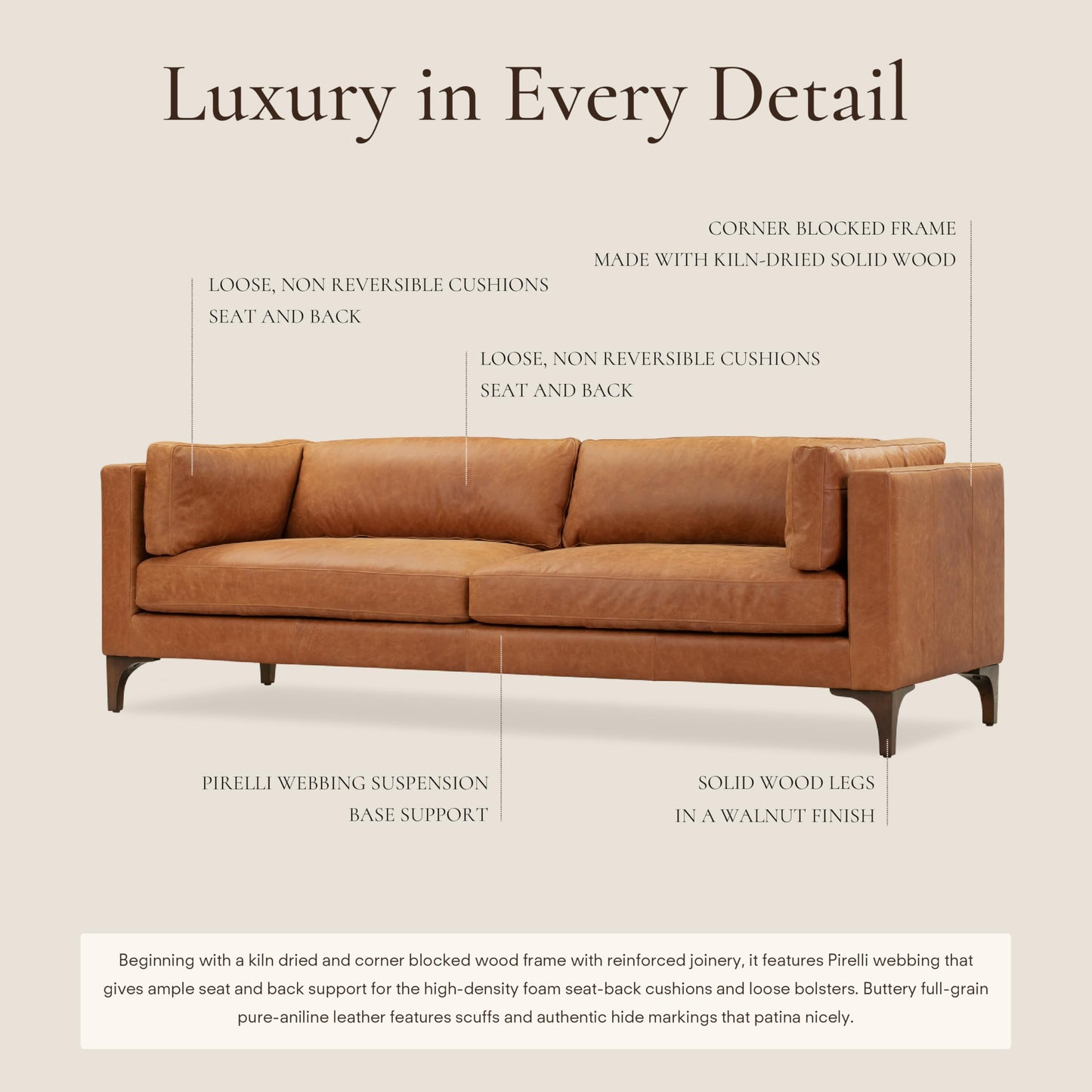 POLY & BARK Capa 96.5" Sofa – Chocolate Brown Full-Grain Pure-Aniline Italian Leather, Boxy Modern Design, Feather-Fiber Cushions, Solid Wood Frame