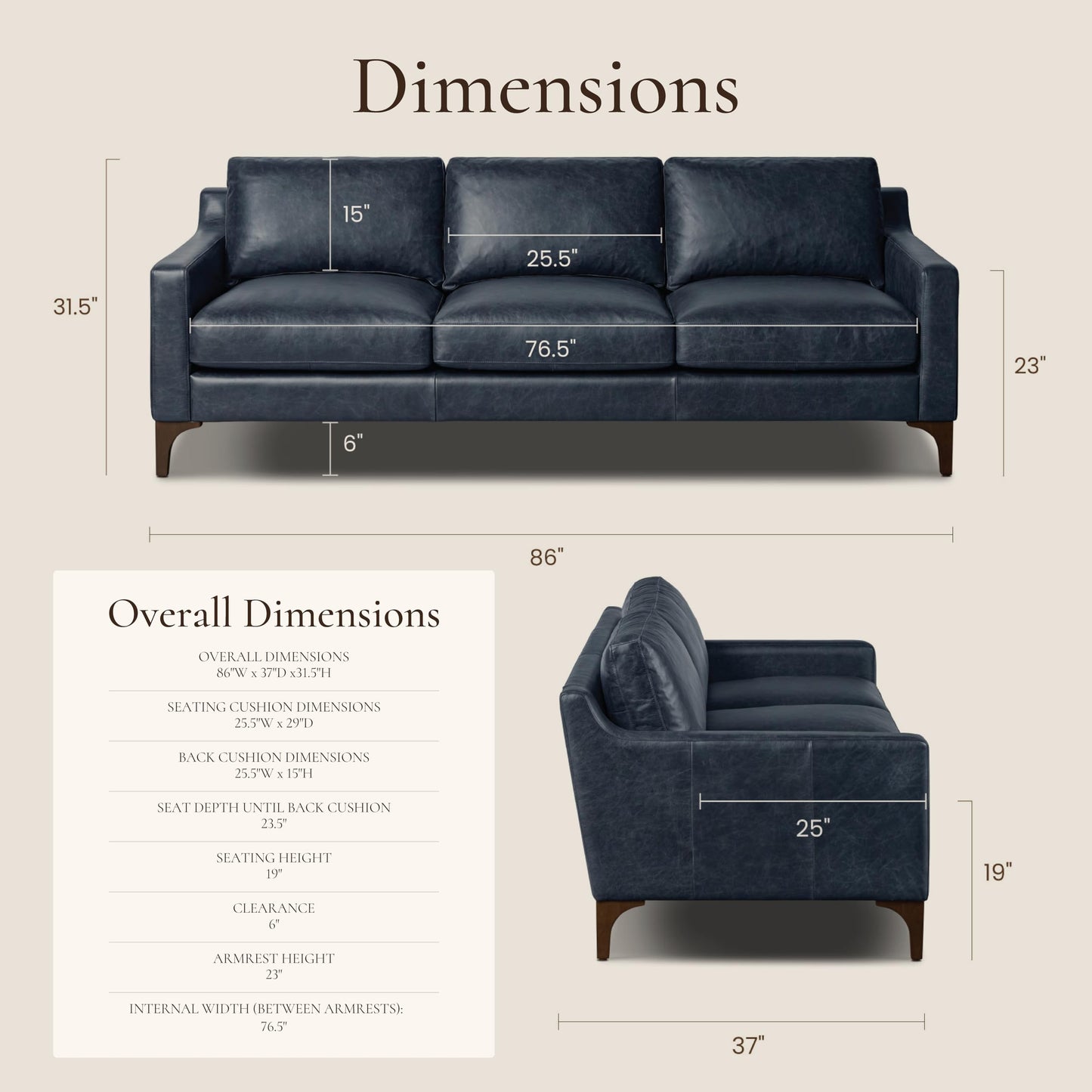 POLY & BARK Sorrento 86" Sofa – Cognac Tan Full-Grain Pure-Aniline Italian Leather, Feather-Down Cushions, Solid Wood Frame & Walnut Legs