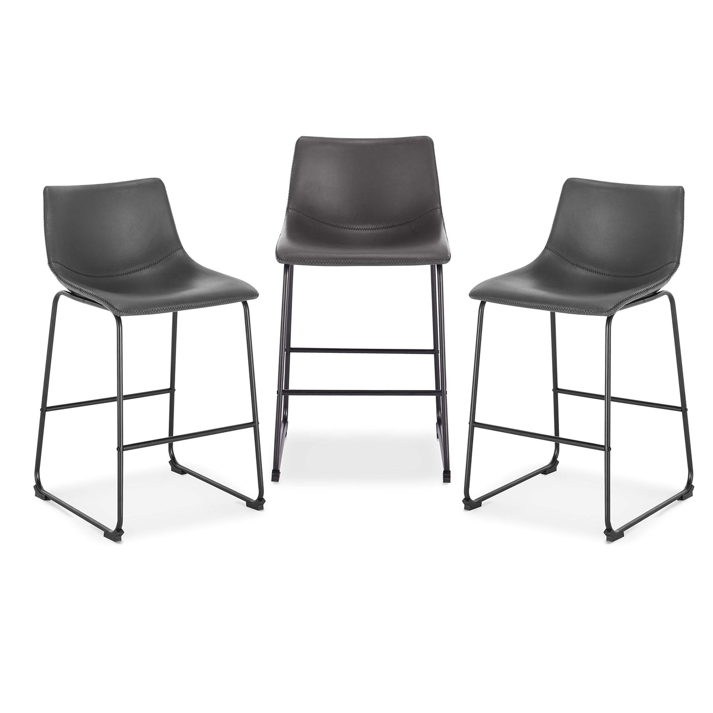 POLY & BARK Brinley Counter Stool Set of 3, Modern Armless Counter-Height Stools with Gently Curved Backrest and Wood Legs, Tan Faux Leather, for Kitchen Island or Breakfast Bar, 24" seat height
