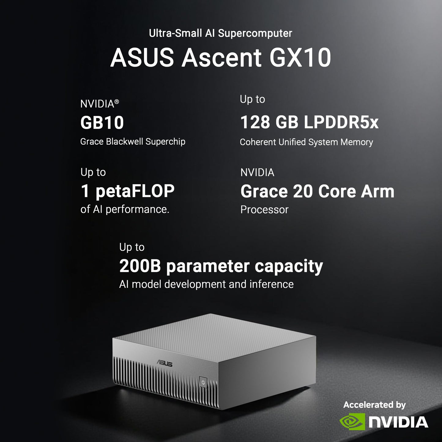 ASUS Ascent GX10 AI Supercomputer, DGX Spark, NVIDIA GB10 Superchip, 128GB LPDDR5x, 1TB PCIe Gen4 NVMe SSD, Wi-Fi 7 & BT5.4, Agentic AI Ready, Supports OpenClaw, NemoClaw, Stackable Chassis