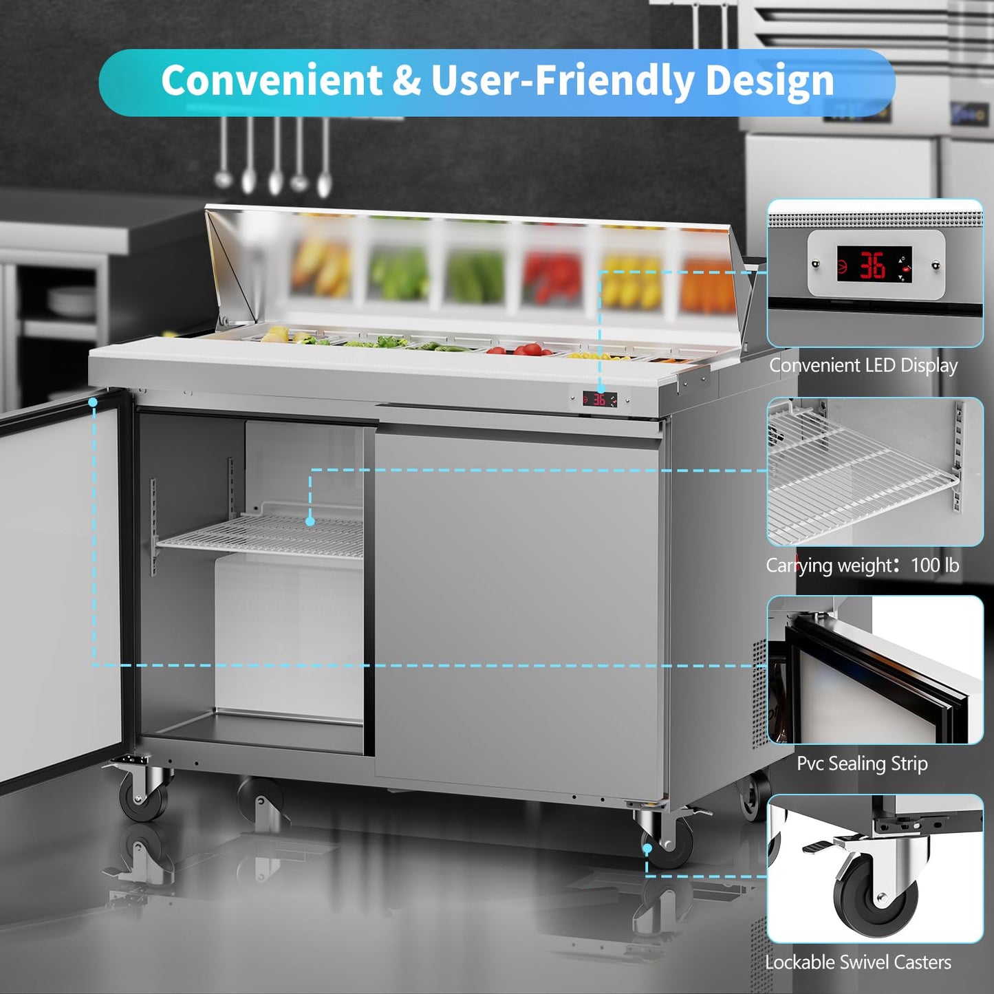 48" W Commercial Refrigerator Sandwich Salad Prep Table Refrigerator Stainless Steel with 12 Pans, Kitchen Equipment for Restaurant, Bar, Shop, Buffet, etc