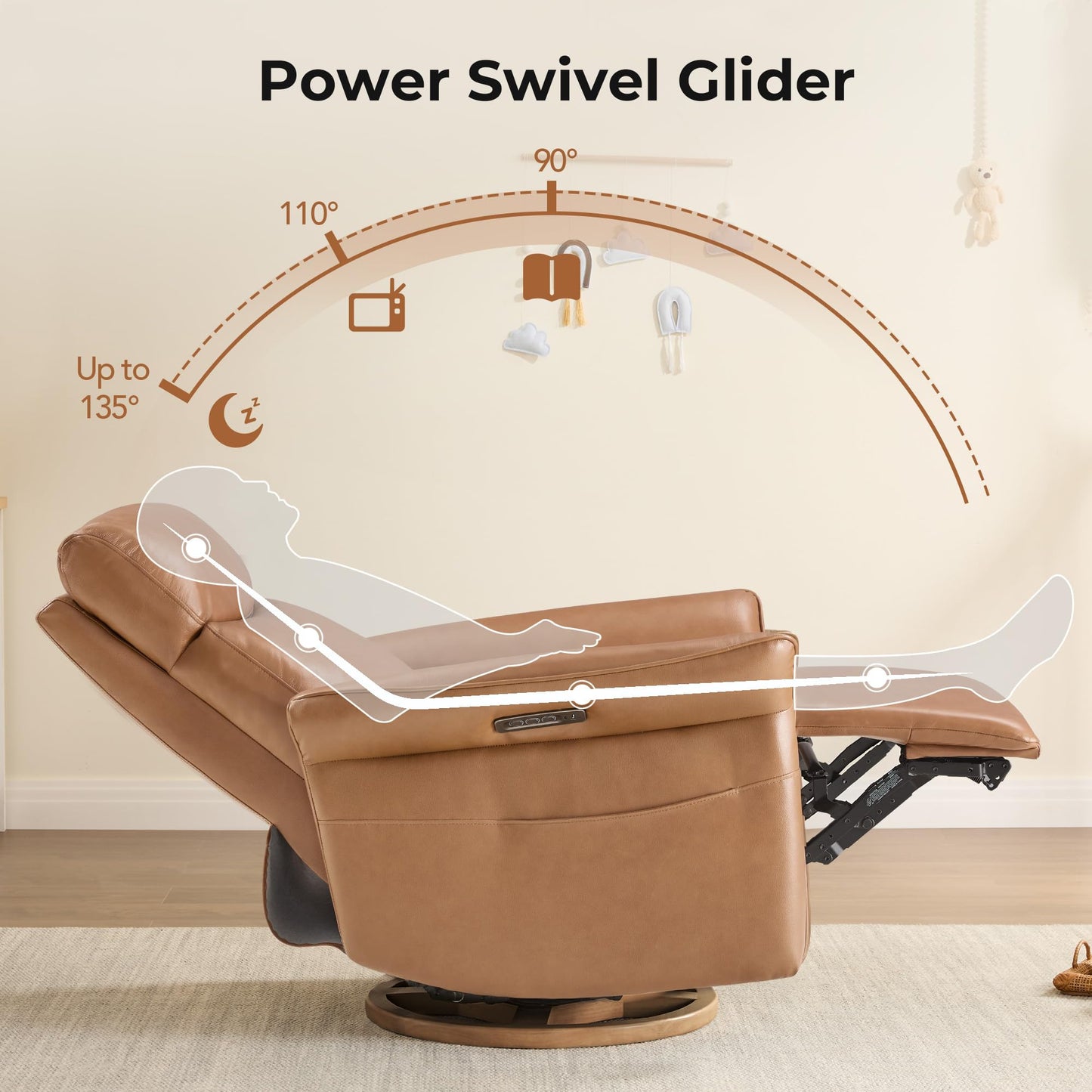 CHITA Power Recliner Chair, Electric Triple-Motor Swivel Glider Nursery Rocking Chair with Adjustable Power Headrest and Lumbar Support, GREENGARD Gold Certified, Solid Wood Base, Linen
