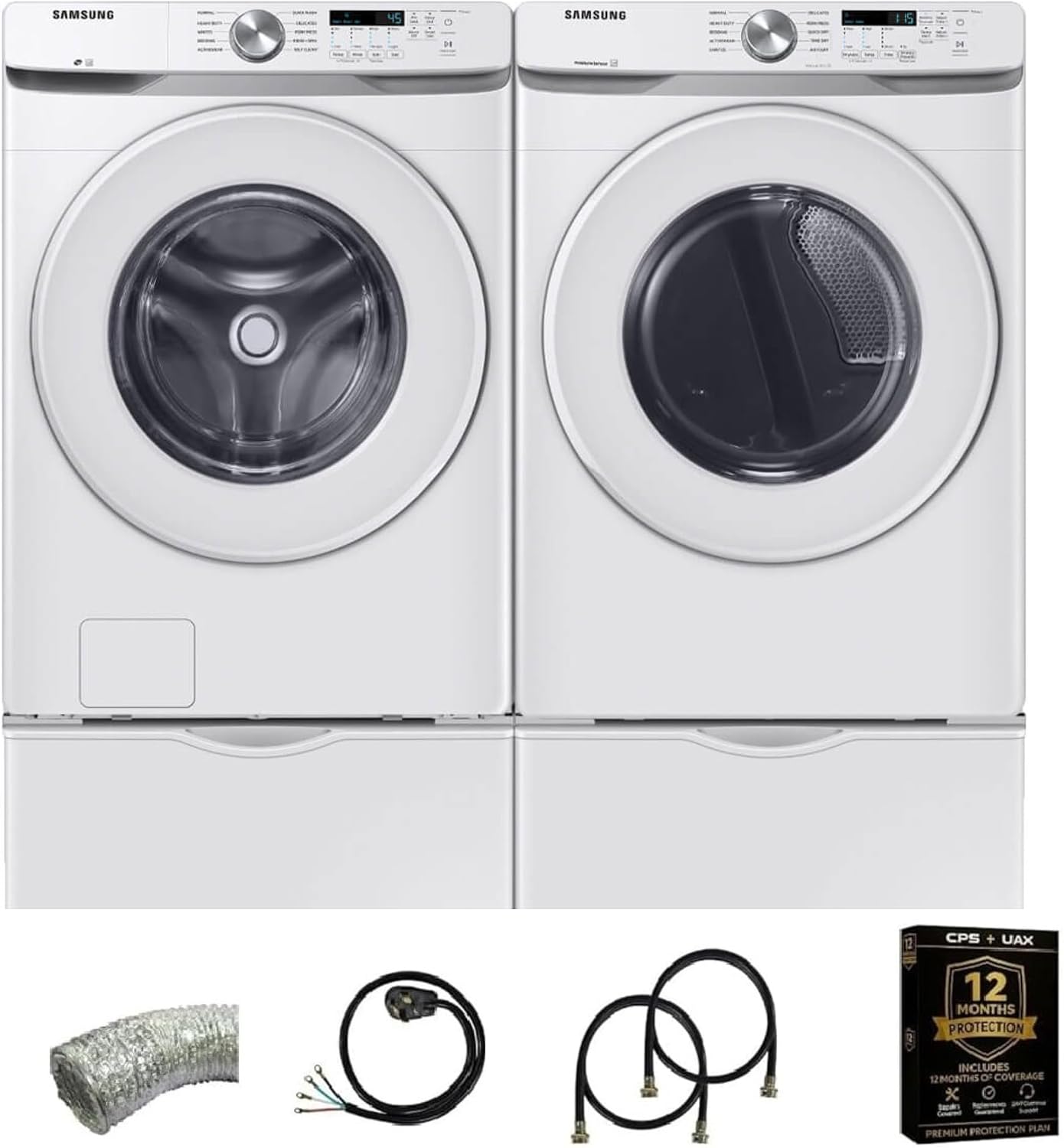 Samsung White Front Load Laundry Pair 4.5 Cu Ft Washer 7.4 Cu Ft Electric Dryer with Pedestals Dryer Vent Power Cord Water Hoses and 1 Year CPS Warranty Large Capacity Home Set