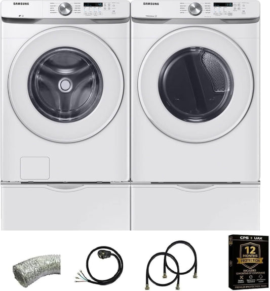 Samsung White Front Load Laundry Pair 4.5 Cu Ft Washer 7.4 Cu Ft Electric Dryer with Pedestals Dryer Vent Power Cord Water Hoses and 1 Year CPS Warranty Large Capacity Home Set