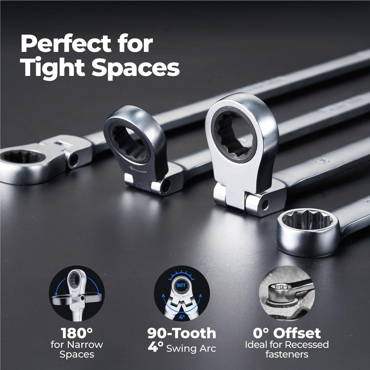 toolant 10mm Extra Long Ratcheting Wrench, Flex Head & Fixed Offset Head Double Box End Combination Wrench, CR-V Steel