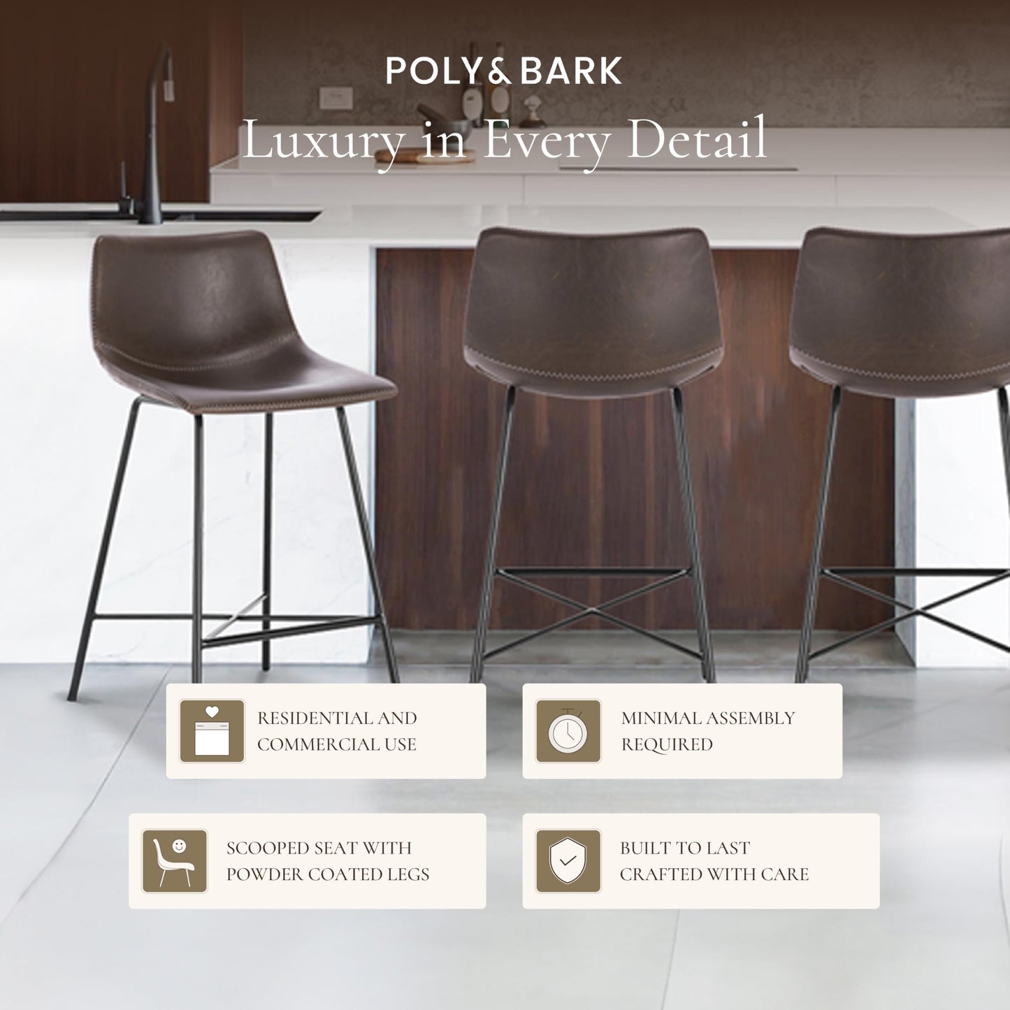 POLY & BARK Paxton Leather Counter Stools 24 Inches – Set of 2 - Counter Height Bar Stools with Back – Modern Barstools for Kitchen Island or Counters – Faux Leather & Matte Black Steel Base – Tan