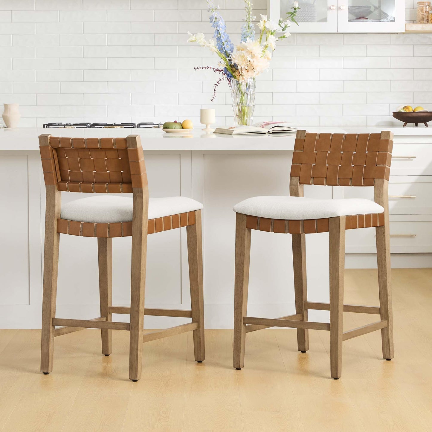 CHITA Woven Bar Stools Set of 2, 26" Counter Height Bar Stools with Backrest, Handwoven Counter Stools with Wood Frame for Kitchen Island & Home Bar, Saddle Brown