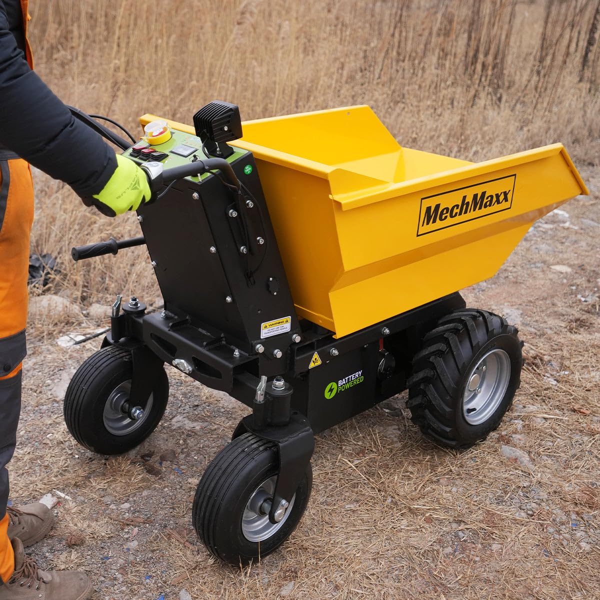 MechMaxx 1100Lb Loading 48V Battery Powered Wheel Barrow Electric Dumper Cart with 30W Light, Hydraulic Tipping, 1000W Brushless DC Motor, LED Display Screen, Model EH50 Yellow