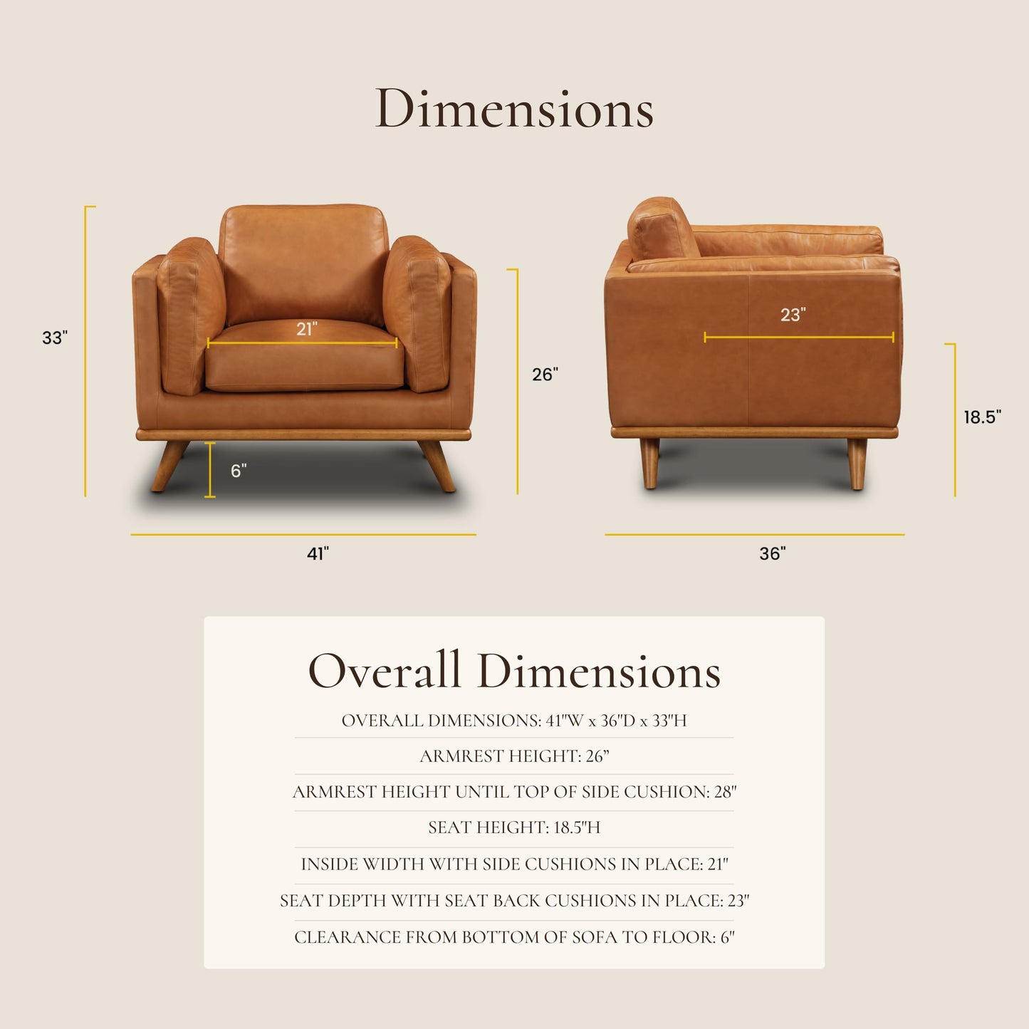 Poly & BARK Mateo Leather Lounge Chair – Cognac Tan Full-Grain Leather Upholstery – Modern Upholstered Accent Chair for Living Room or Bedroom – Indoor Lounge Seating with Timeless Comfort