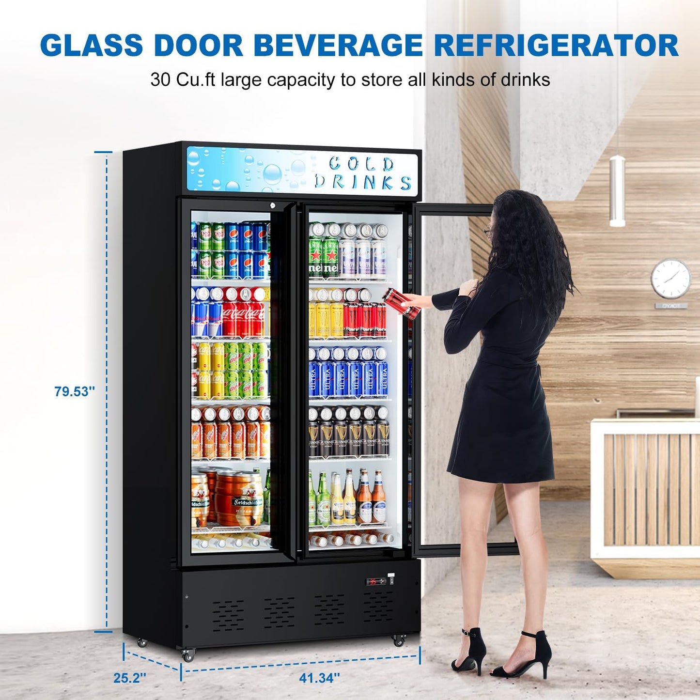 41.3''W 30 Cu.ft. Commercial Beverage Refrigerators with Soft LED Light, Adjustable Shelves, Digital Temperature Control, 360° Swivel Casters, Upright Display Refrigerator Glass Door for Stores