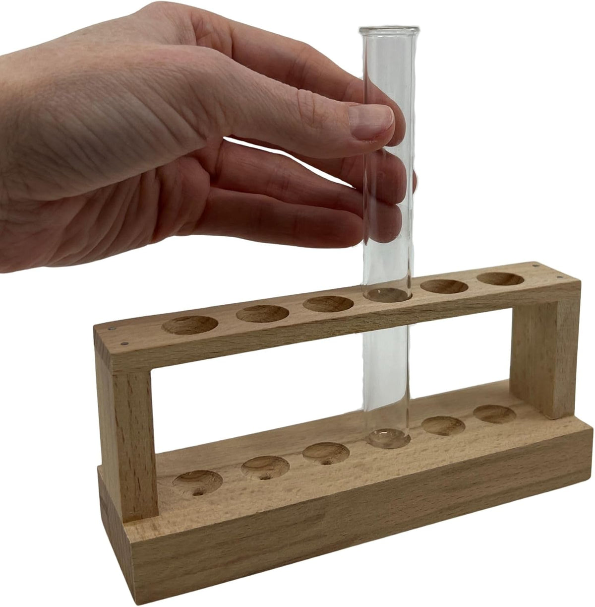 EISCO Small Wooden Test Tube Rack - Holds 6 x 15mm Diameter Tubes - 6" Long, 2.7" Tall - Economy Unfinished Hardwood Construction Labs