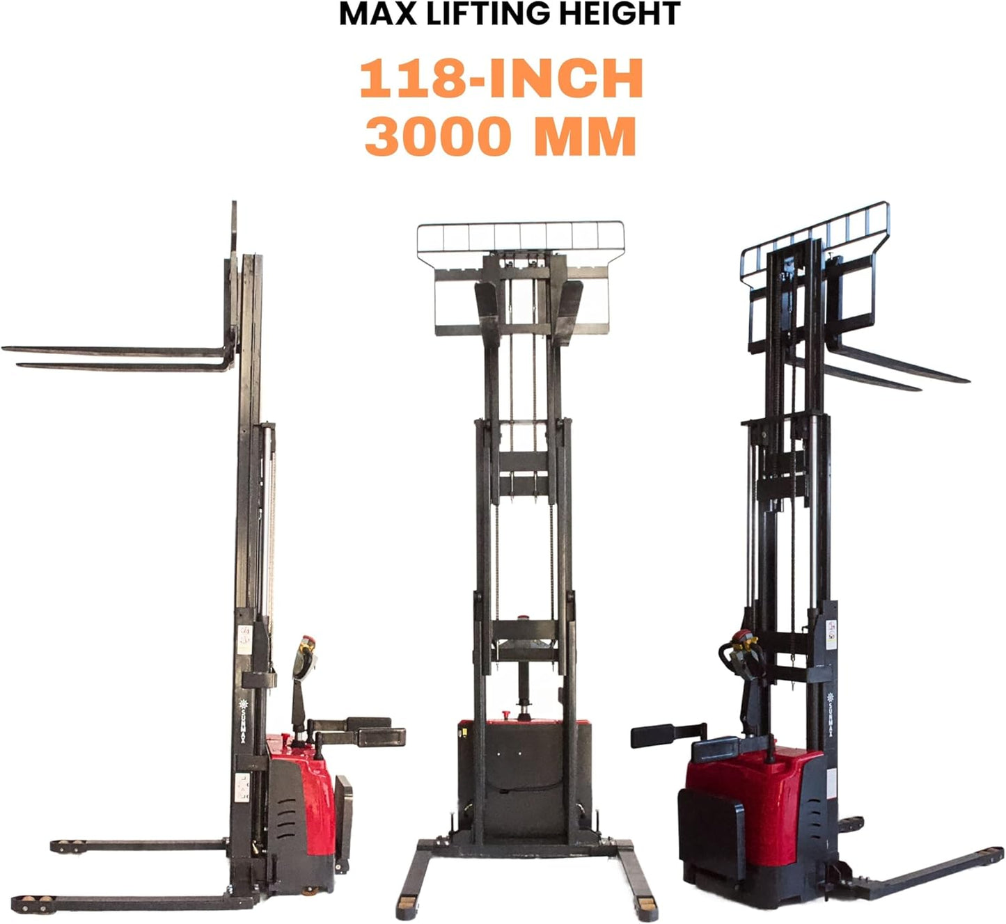 SUNMAX PS3300FEAS-3M Fully Electric Pallet Stacker, 3300 lb Capacity, 118" Lift Height, Walk-Behind Warehouse Stacker with Adjustable Straddle Legs