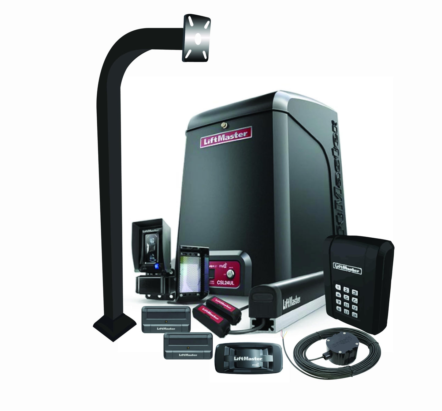 LiftMaster CSL24UL Commercial Slide Gate Operator – High-Traffic Gate Opener Kit with 811LM Remotes, KPW5 Keypad, myQ 828LM Gateway, LMRRUL Photo Eye, S505AL, LA Ornamental 42" Pedestal, CP4 Cartell