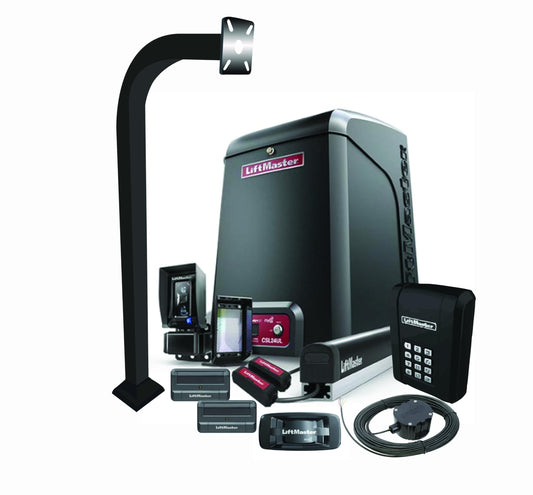 LiftMaster CSL24UL Commercial Slide Gate Operator – High-Traffic Gate Opener Kit with 811LM Remotes, KPW5 Keypad, myQ 828LM Gateway, LMRRUL Photo Eye, S505AL, LA Ornamental 42" Pedestal, CP4 Cartell
