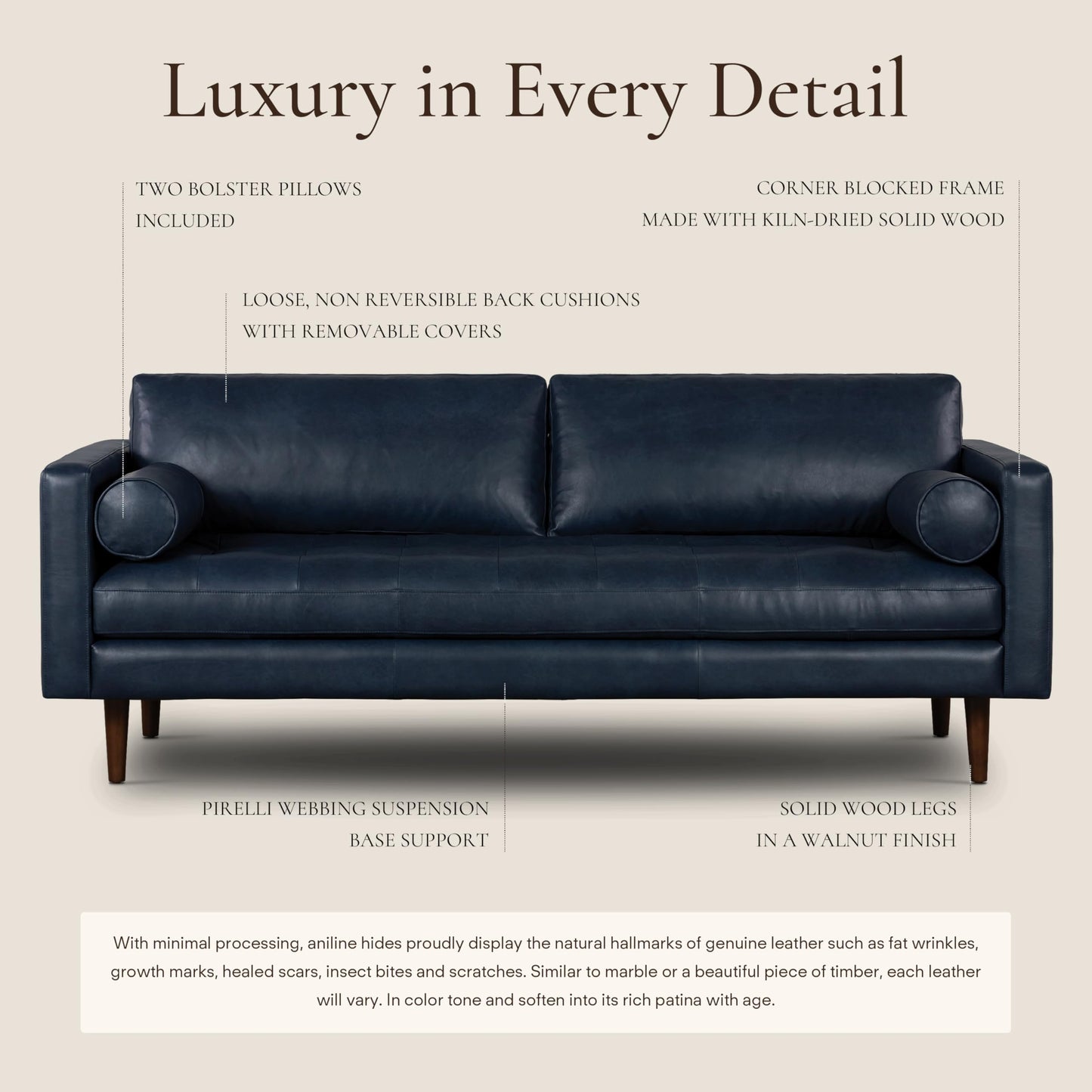 POLY & BARK Napa 82" Leather Pull‑Out Sleeper Sofa – Full‑Grain Italian Leather Upholstery,Tri‑Layer Mattress & Storage Console –Sophisticated Multi‑Functional Sofa Bed for Living Rooms & Guest Spaces