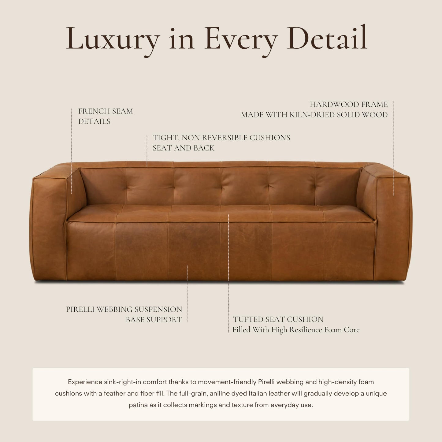 POLY & BARK Capa 96.5" Sofa – Chocolate Brown Full-Grain Pure-Aniline Italian Leather, Boxy Modern Design, Feather-Fiber Cushions, Solid Wood Frame